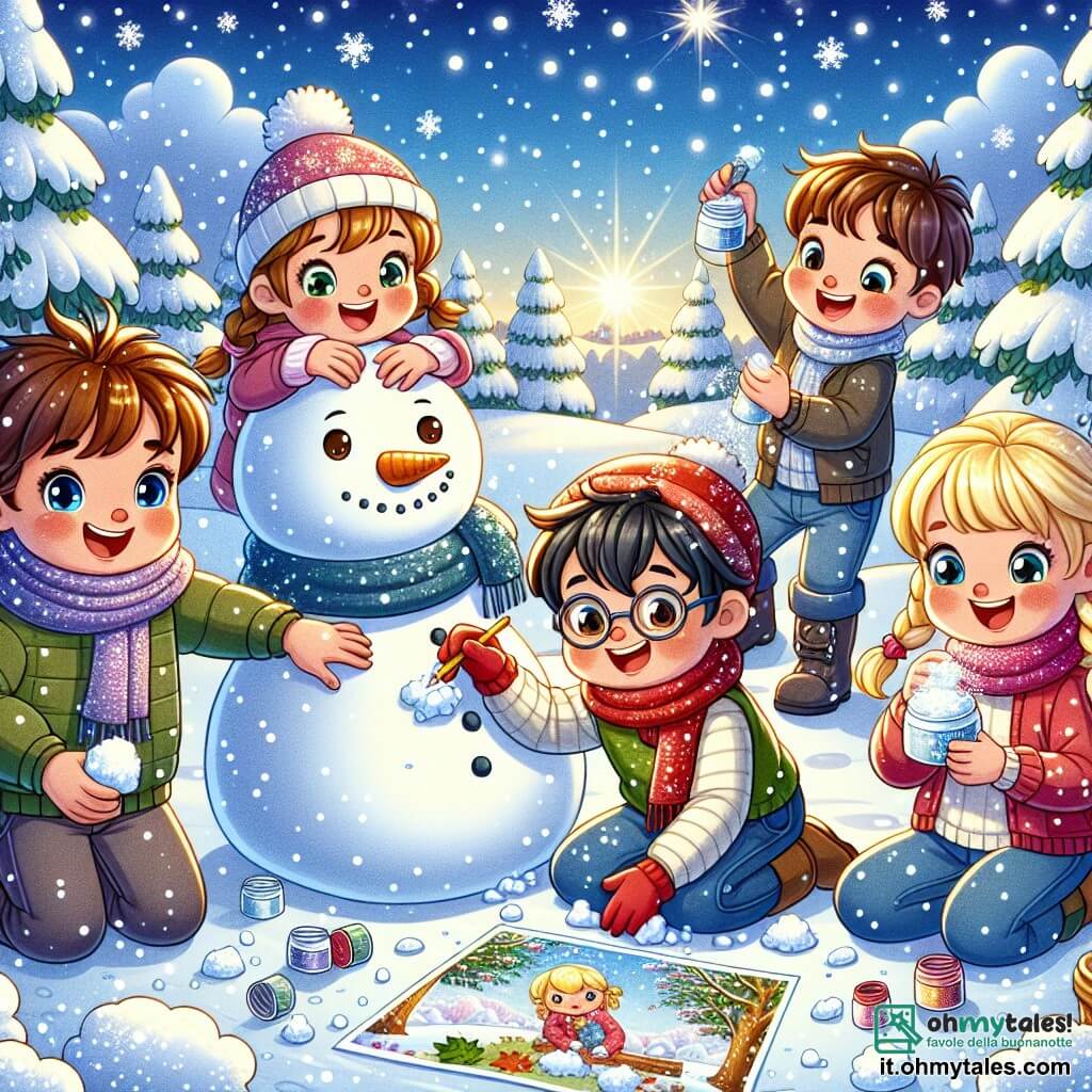 In un parco innevato, quattro bambini si divertono insieme. Marco, un ragazzo di sei anni con capelli castani e occhi vivaci, costruisce un grande pupazzo di neve, sorridente e concentrato. Accanto a lui, Sara, una ragazza di sei anni con capelli biondi e trecce, scuote un barattolo pieno di glitter per creare un effetto di neve magica. Poco più in là, Luca, un ragazzo di sei anni con capelli castani e una sciarpa rossa, impila palle di neve per fare un altro pupazzo di neve, ridendo con entusiasmo. Infine, Tommaso, un ragazzo di sei anni con capelli neri e occhiali, incolla foglie su un collage che rappresenta un paesaggio invernale, seduto su una coperta di neve. Il parco è pieno di grandi alberi coperti di neve scintillante, e il cielo è di un blu brillante, illuminato dal sole invernale. I bambini sono attivi, ridendo e giocando insieme, creando ricordi gioiosi nella bellezza invernale.