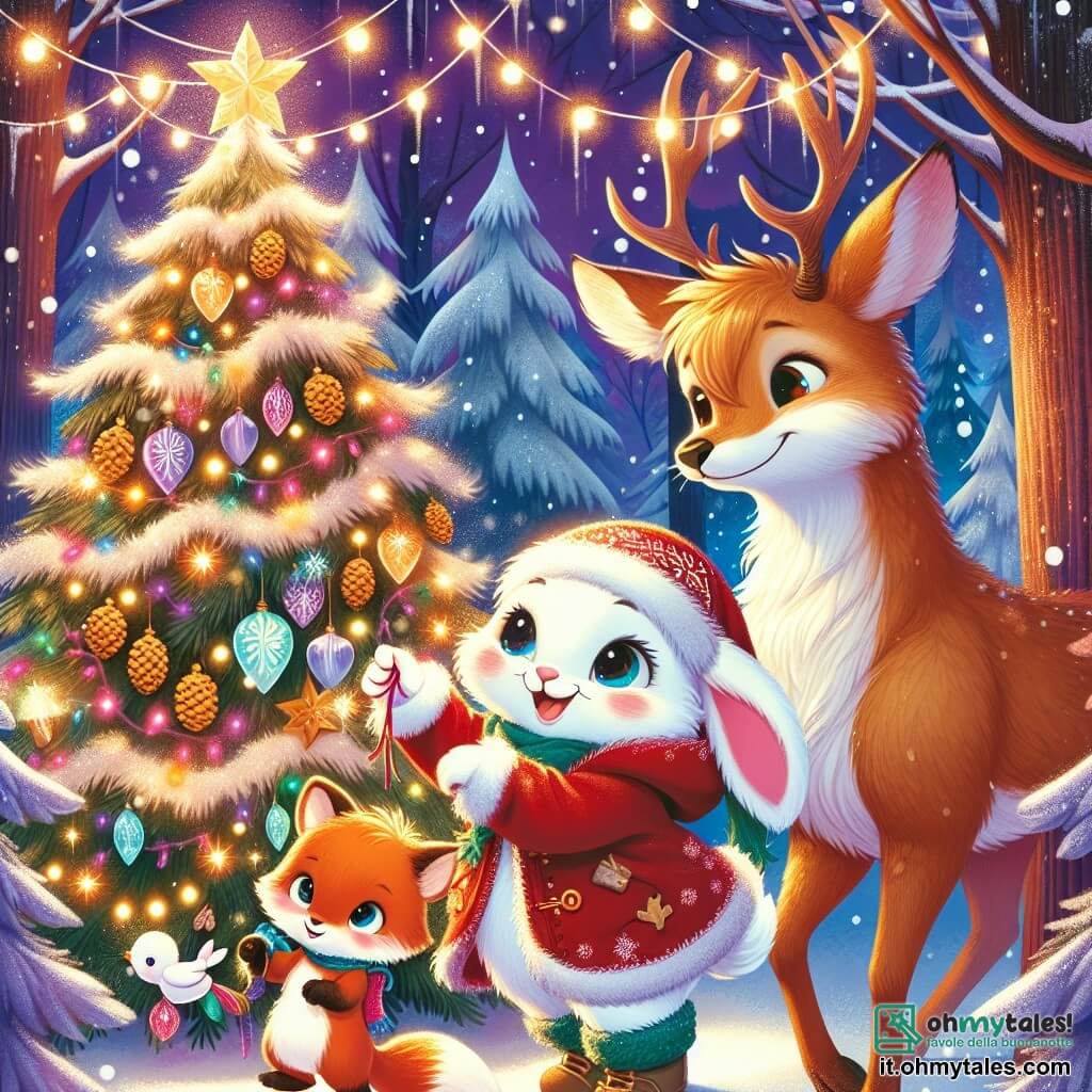 Un coniglietto di nome Beniamino, con un pelo morbido e bianco come la neve, indossa un cappottino rosso e un berretto di lana. Ha occhi brillanti di gioia e un grande sorriso mentre decora un maestoso albero di Natale con pigne dorate e luci scintillanti. Accanto a lui, una volpe amichevole, con pelo arancione e occhi maliziosi, appende ghirlande colorate sull'albero, ridendo di felicità. Un elegante cervo, con grandi corna e pelo marrone, osserva da lontano, ammirando il lavoro degli altri con uno sguardo orgoglioso. La scena si svolge in una foresta incantata, con alberi maestosi coperti di neve scintillante e luci multicolori. Fiocchi di neve cadono dolcemente, aggiungendo un tocco magico all'atmosfera festiva. Beniamino e i suoi amici animali si affaccendano gioiosamente attorno all'albero, cantando canti di Natale e condividendo risate, creando un momento caldo e felice nel cuore della magia del Natale.