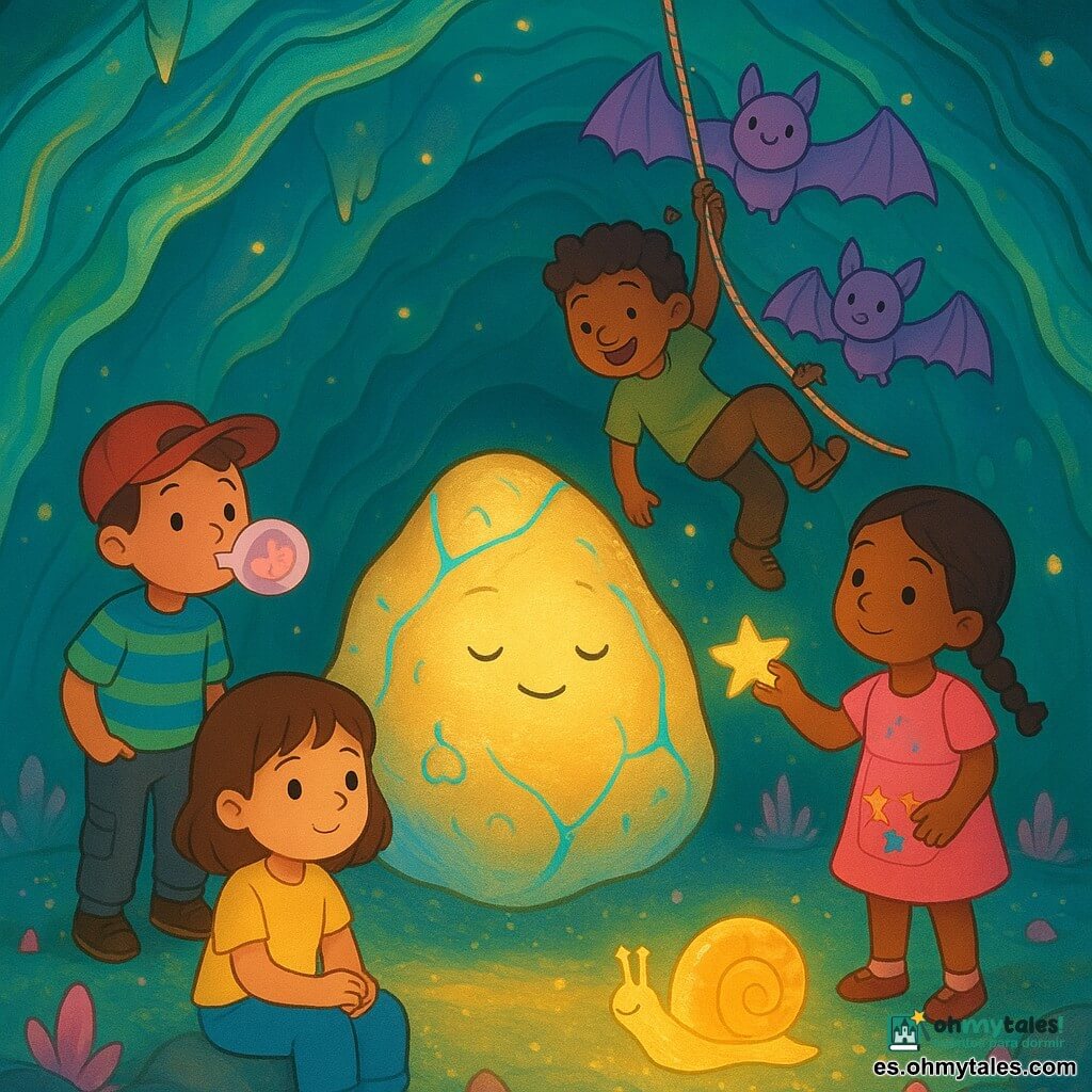 Hay 7 personajes: Luna, niña de 6 años, pelo castaño corto, camiseta amarilla y vaqueros, sentada en la roca luminosa central con mirada tierna; Nico, niño de 6 años, gorra roja ladeada y camiseta a rayas azul y verde, a la izquierda soplando una burbuja que se convierte en un pequeño animal de goma; Sara, niña de 6 años, pelo trenzado, vestido rosa con gran bolsillo de gomets, a la derecha pegando una estrella brillante en la roca; Manu, niño de 6 años, pelo alborotado y pantalón cargo, sujeto a una cuerda por los murciélagos haciendo una pirueta detrás de la roca; La Roca Rietes, la roca personaje, piedra grande y suave nacarada dorada con vetas azules, pequeñas bocas-campana dibujadas, flotando sobre el suelo con ojos dulces y fisuras que brillan; Pepita, la pequeña caracola luminosa, caracol de concha transparente que emite luz cálida amarillo-anaranjada y deja una estela de purpurina, avanzando hacia la roca; un grupo de cuatro murciélagos pequeños, siluetas redondeadas con alas translúcidas violetas, suspendidos sobre y detrás de la roca sosteniendo una cuerda brillante con la cola para ayudar a los niños. El lugar es una cueva colorida y brillante con paredes onduladas estriadas en turquesa, verde hoja y oro, suelo salpicado de cristales rosas, estalactitas florales y gotas de luz flotantes, con ambiente cálido y mágico. Situación: los cuatro niños intentan alcanzar la roca flotante que oculta una pequeña llave luminosa; acción dinámica y alegre: escalada con cuerda sujeta por los murciélagos, Sara pega una estrella, Nico hace nacer la burbuja-animal, Luna cuenta una historia sentada, Pepita ilumina el camino y la roca sonríe empezando a abrirse y a dejar escapar filamentos de luz de colores.