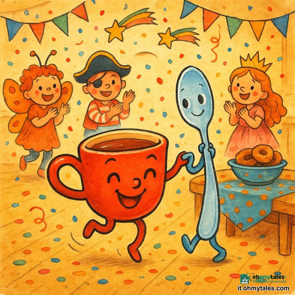 La Tazzina: piccola tazza rossa lucida con grande sorriso dipinto e manico rotondo come un'orecchia, sguardo vivace, che salta danzando; il Cucchiolino: cucchiaino azzurro pallido, timido ma sorridente, occhi rotondi, che tiene la tazza per il bordo e fa un piccolo passo di danza; bambini in maschera (farfalla, pirata, principessa) formano un cerchio colorato, ridono, applaudono e lanciano coriandoli; luogo: sala di festa cucina calda con tavolo di legno, tovaglie a pois e ghirlande colorate, coriandoli a terra e un vassoio di ciambelle con cioccolata calda; situazione: carnevale gioioso con coriandoli che vorticano, danza semplice e luminosa, atmosfera tenera e festosa, colori saturi e tratti inchiostrati nitidi.