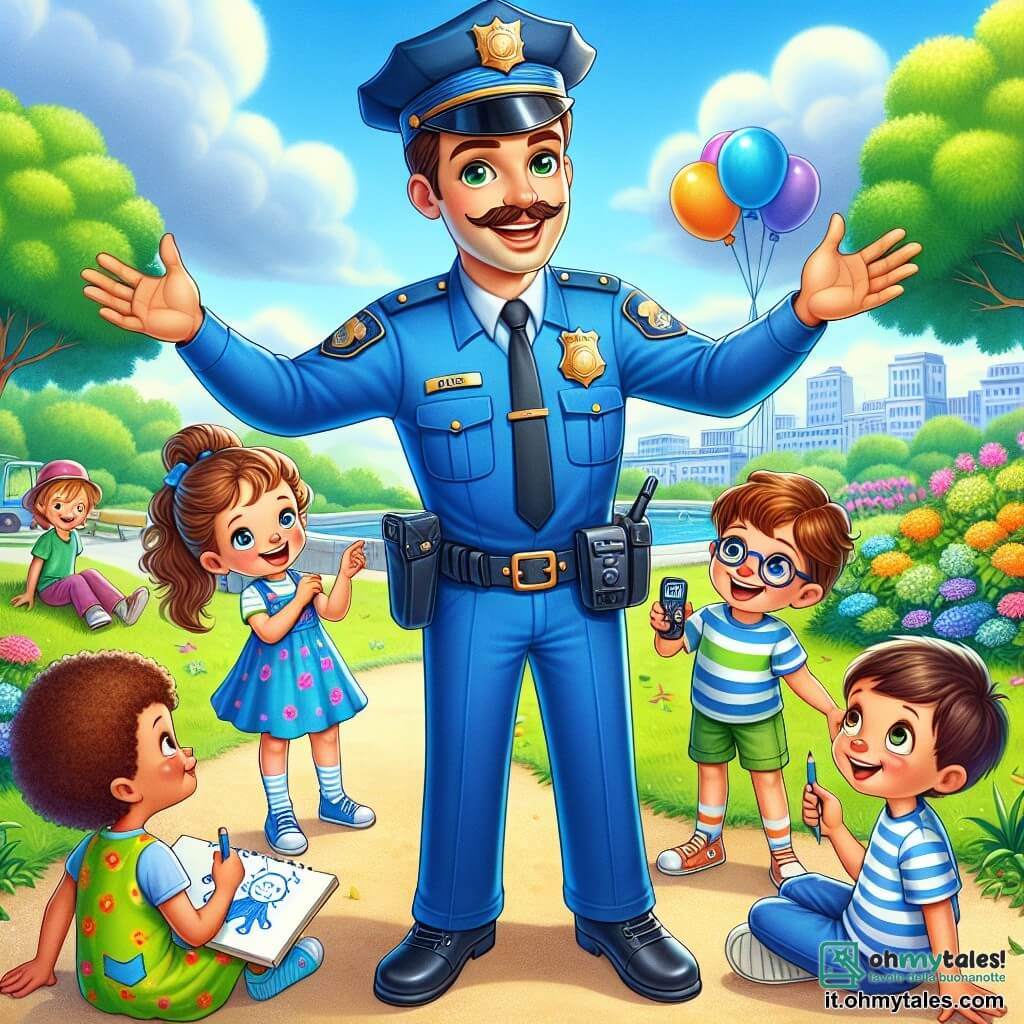 Un poliziotto sorridente, un uomo sulla trentina con capelli castani e baffi, indossa una divisa blu brillante e un grande cappello. È in piedi al centro, con le braccia aperte, mostrando la sua gioia ed entusiasmo, circondato da bambini. Chiara, una ragazza di 8 anni con capelli ricci e un vestito colorato, è seduta per terra con una matita in mano, intenta a disegnare il poliziotto. Luca, un ragazzo di 7 anni con occhiali e una maglietta a righe, è accanto a lei, tiene una radio della polizia, con gli occhi brillanti di eccitazione. Sofia, una ragazza di 6 anni con due trecce, sorride alzando la mano per fare una domanda, un po' in disparte. La scena si svolge in un parco verdeggiante, pieno di alberi maestosi e fiori colorati, con un cielo azzurro chiaro e qualche nuvola soffice. I bambini giocano intorno e palloni fluttuano nell'aria. Il poliziotto spiega con entusiasmo il suo lavoro ai bambini, mostrando oggetti della sua uniforme e parlando dell'importanza di aiutare gli altri, creando un'atmosfera gioiosa ed educativa.
