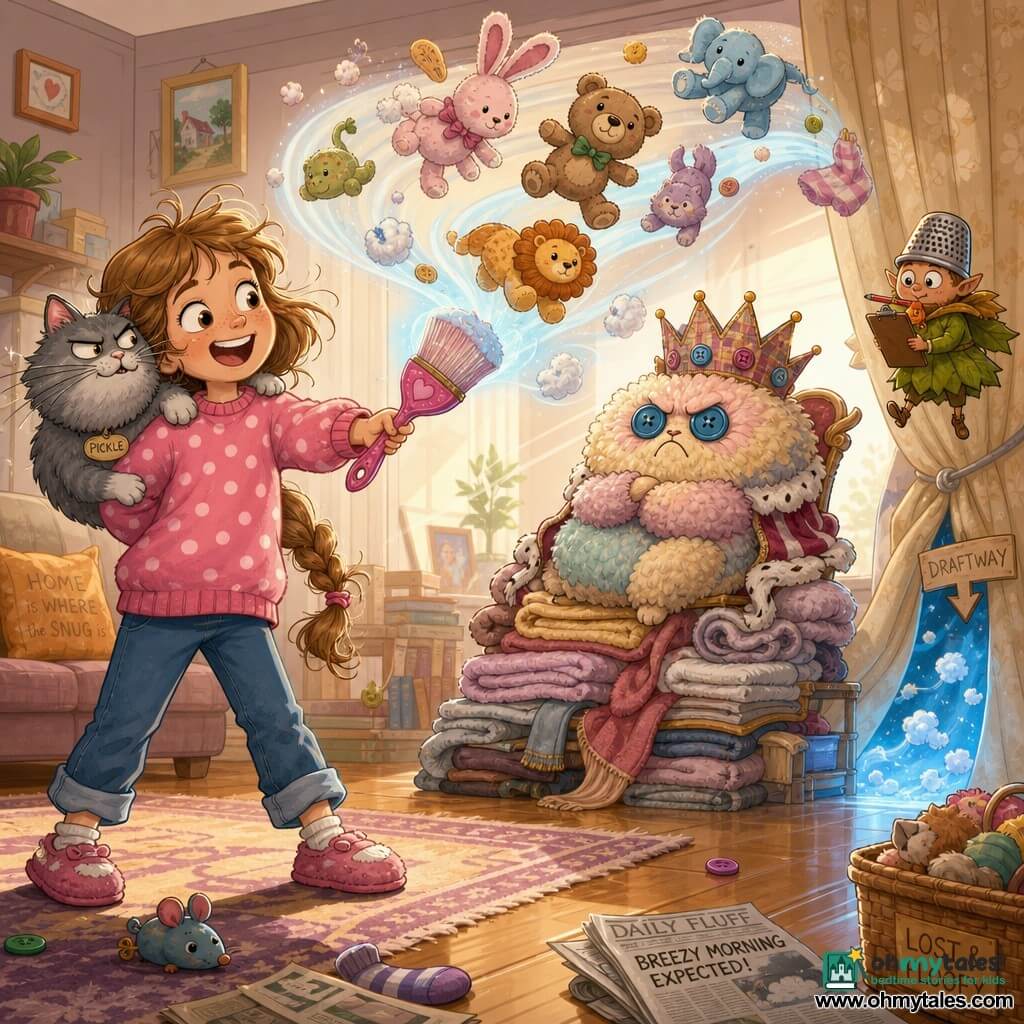 An 8-year-old girl, joyful and determined with light chestnut messy braids, wears a pink polka-dot sweater and holds a pink magic brush glowing faintly blue as she brushes the air like painting a wave of flying stuffed animals; a plump mischievous gray cat named Pickle perches on her right shoulder, whiskers twitching, a tiny Breeze Keeper in a dried-leaf jacket and thimble hat floats near a slightly open curtain with a mini clipboard, and at center back the Fluff King—a round creature of plush balls with button eyes and a fabric crown—floats on a throne of crumpled towels; the living room has a shiny wood floor, patterned rug and curtains parted to reveal a blue "Draftway" slit full of mini fiber clouds, toys and newspapers scattered, warm morning light, vivid pastels, whimsical humorous mood with exaggerated motion and readable expressions