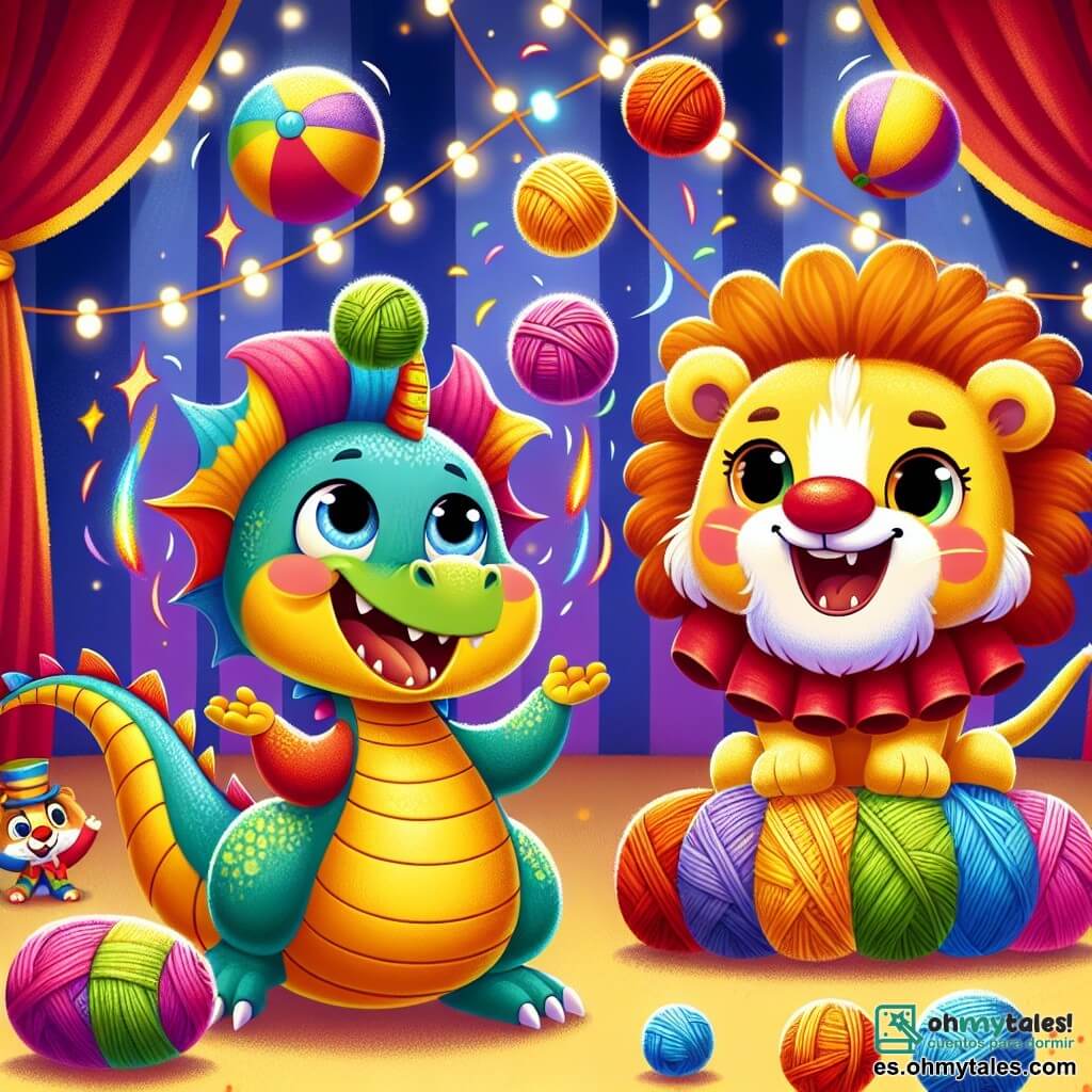 Un pequeño dragón con escamas brillantes como un arcoíris, con grandes ojos redondos y curiosos, está haciendo malabares con ovillos de colores vivos, mostrando una gran sonrisa de emoción. A su lado, un payaso alegre con un gran bigote colorido y una nariz roja, riendo a carcajadas, sostiene un ovillo que acaba de aterrizarle en la cabeza, mientras que una hermosa leona con una melena dorada y ojos dulces sonríe lanzando aros coloridos al aire. La escena se desarrolla bajo una gran carpa de circo de colores vivos, llena de luces centelleantes y espectadores maravillados, todos aplaudiendo y riendo. El dragón, el payaso y la leona están realizando un número de circo hilarante, cautivando la atención de todos con sus talentos y buen humor.