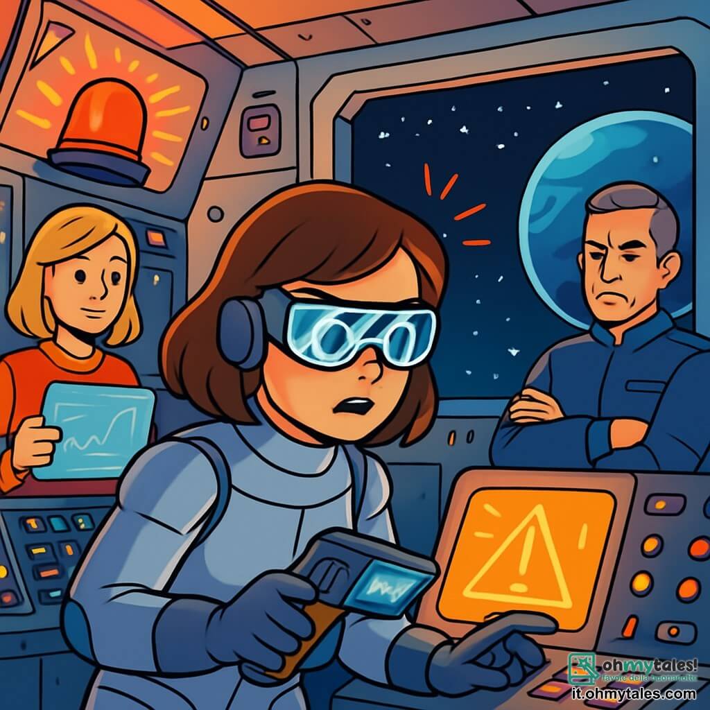 Una giovane donna, Stella Marini, è al centro dell'immagine, con capelli castani e occhiali futuristici. Indossa una tuta spaziale argentata, e il suo viso esprime determinazione ed eccitazione. Tiene uno strumento tecnologico in una mano, esaminando uno schermo di controllo luminoso. Alla sua destra, il comandante Lian, un uomo di circa 40 anni con capelli brizzolati e un'uniforme blu, la guarda con un'espressione preoccupata, con le braccia incrociate, mentre si trova vicino a una finestra che mostra l'immensità dello spazio. A sinistra, Yara, una donna di una trentina d'anni con capelli biondi e un sorriso rassicurante, consulta grafici su un tablet olografico. Si trova vicino a un cruscotto, circondata da luci lampeggianti. Il luogo è la sala di controllo della stazione orbitale AURORA-X, con muri in metallo argentato, schermi luminosi che mostrano dati complessi e finestre che offrono una vista spettacolare sul misterioso pianeta azzurro K-17. La situazione principale mostra Stella mentre risolve un problema urgente, mentre le luci della stazione tremolano e le allarmi suonano, creando un'atmosfera di tensione e avventura.