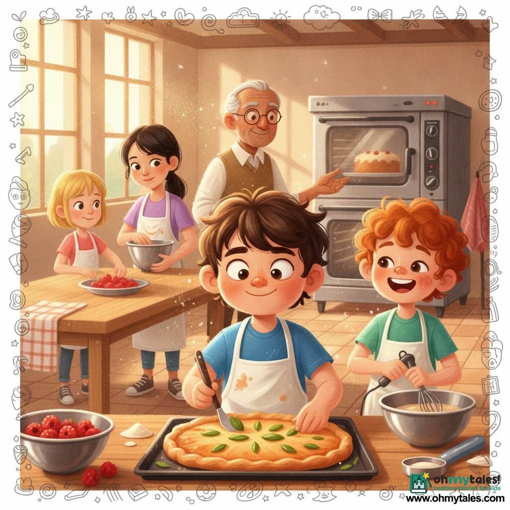 A cozy scene in a bright community kitchen: a round-faced 10-year-old boy with tousled dark brown hair and a shy proud smile wears an oversized flour-streaked apron, delicately holding a small spatula to place basil leaves atop a large party cake on a tray; Mira, about 11, fair-skinned with black hair in a ponytail, stands behind him holding a bowl of batter, ready to help; Sam, ~10, with curly red hair and flour on his nose, laughs warmly while holding an electric whisk to the boy’s right; Juno, ~9, short blond hair and bright eyes, arranges raspberries in a dish to the left; Mr. Ortega, ~70, tanned with gray hair combed back and round glasses, smiles calmly from the background beside a steel oven showing the rising cake. The atmosphere is warm and coordinated, with green basil leaves, smooth white cream, floating flour dust, sunlight casting warm shadows on tiled floors, long wooden tables, shiny metal bowls and colorful tea towels; visual style: warm saturated colors, soft rounded lines, acrylic textures with light doodles of suns, stars and utensils.