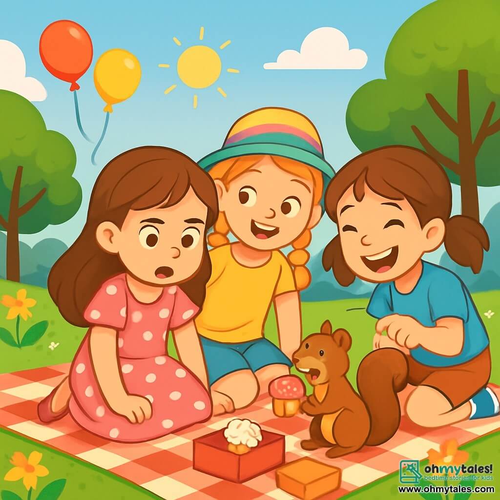 There are three characters: - Lily: an 8-year-old girl with long brown hair, wearing a pink polka dot dress. She is sitting on a picnic blanket, frowning, looking at a missing cupcake with a surprised expression. - Mia: an 8-year-old girl with braided blonde hair, wearing a rainbow hat. She is next to Lily, with her hand on her friend's shoulder, smiling reassuringly. - Zoe: an 8-year-old girl with brown pigtails, wearing a blue t-shirt and shorts. She is crouched in front of a small squirrel, laughing and showing the cupcake that the squirrel is eating. The setting takes place in a sunny park, with lush green trees, colorful flowers dancing in the wind, and a large blue sky dotted with fluffy white clouds. A red and white checkered picnic blanket is spread on the grass, surrounded by floating balloons and food boxes. The main situation shows the three friends discovering a joyful squirrel devouring a cupcake, while Lily, initially angry, starts to smile as she realizes the situation is funny. The expressions of surprise and laughter light up their faces, creating a joyful and friendly atmosphere.