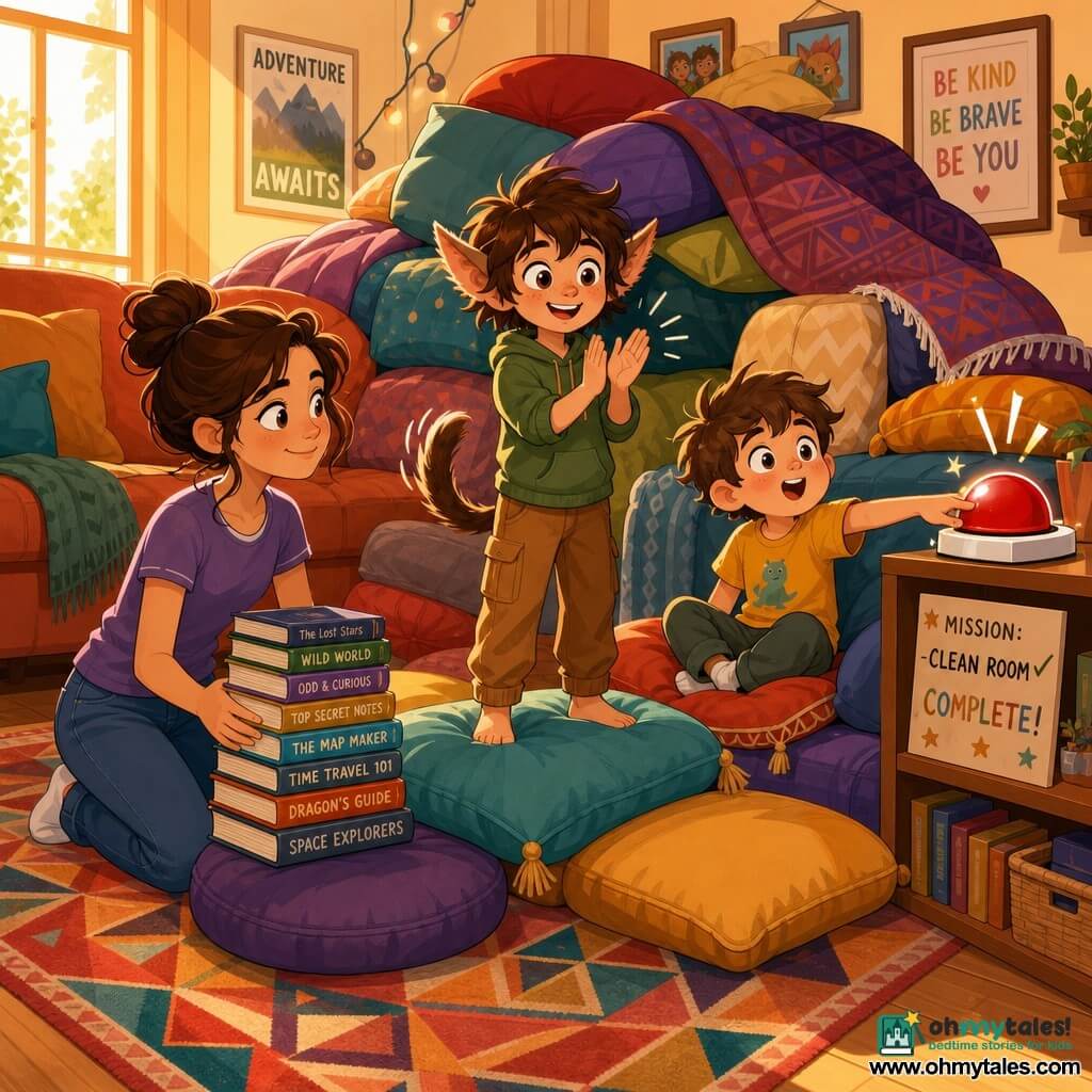 Brin, a whimsical child with a small wagging tail and twitching pointed ears, round expressive face, mischievous smile and sparkling eyes, stands on a cushion terrace clapping gently; Lottie, the older sister, a teenager with hair in a bun, focused but tender, kneels left of Brin wearing a simple t‑shirt and jeans while tidying a neat stack of books; Pip, the little brother, tousled hair and rosy cheeks, sits on a cushion throne to the right pressing a large red game buzzer on a low shelf with pride and wonder; the buzzer is shiny red with a white plastic case and a small sparkle to suggest sound; the warm colorful living room features a geometric rug, low bookshelf, offset plush sofa and piles of cushions and blankets forming a soft fortress behind the children with golden light through a window; the joyful dynamic scene centers on the cushion fort and red button as the siblings celebrate after cleaning, with exaggerated gestures, clear expressions, bold lines and simple shapes in a bright, high-contrast vector youth style.