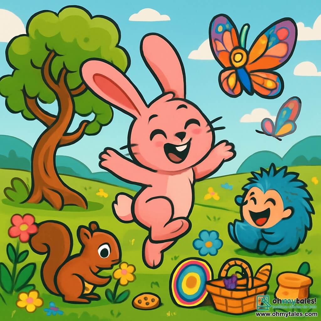 Pippa, an adorable pink bunny with big fluffy ears, joyfully hops with a big smile on her face, her eyes sparkling with mischief. She is surrounded by colorful flowers and green leaves, standing near the Twisty Tree, a tree with twisted, leafy branches that seems to dance. Next to her, Tumble, a round and funny blue hedgehog, laughs while rolling on the ground, his spines bristled and his face beaming with happiness. Further away, Sniff, a brown and soft-furred squirrel, sniffs the ground with a focused look, his eyes shining with curiosity. Lolly, a beautiful moth with stained-glass-like colorful wings, joyfully flies above them, her shimmering wings catching the sunlight. The scene takes place in the Great Meadow, a vast green field dotted with wildflowers and bathed in soft summer sunlight. In the distance, gentle hills rise under a bright blue sky, scattered with fluffy white clouds. The main situation shows Pippa and her friends preparing for the Meadow Games, laughing and having fun together, surrounded by their colorful creations and delicious snacks, ready for a day full of adventures and laughter.