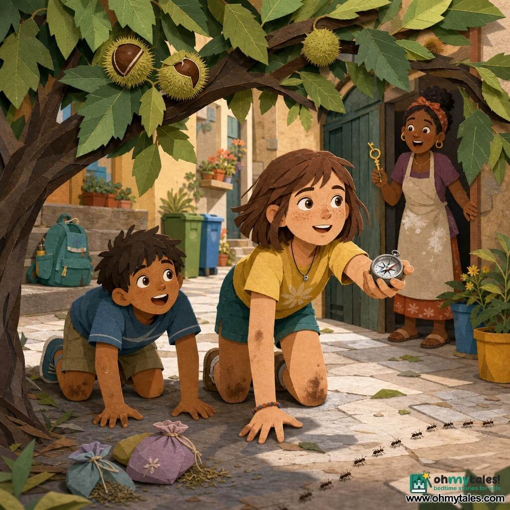 12-year-old girl with a round, freckled face and chestnut bob, determined joyful expression, dirty knees and hands, crawling under a low chestnut-tree branch holding a small shiny metal compass in her right hand; about 8-year-old little brother behind her, messy hair, mouth slightly open in surprise, on all fours in casual shorts, looking admiringly from the left; mother in her 30s–40s with hair in a bun and a flour-dusted apron stands slightly back near a low wooden door in the alley, key in hand, face both reassuring and surprised; paved courtyard with dark-green chestnut leaves forming a low arch, building steps with a backpack, plant pots and colorful bins in the background, soft afternoon light, small herb pouches and ants on the ground; scene of joyful, brave discovery—dust and leaves on clothes, compass pointed forward, family watching, rendered in warm colors with paper-cut textures, clear outlines and soft shadows.