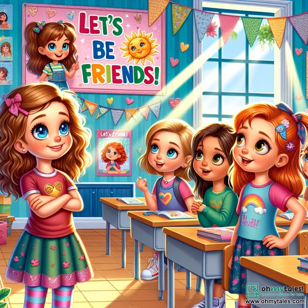In a bright classroom, Mia, a 10-year-old girl with wavy brown hair and sparkling blue eyes, stands on the left, smiling and confident, holding a colorful sign that says "Let's be friends!" To her right, Emma, a 10-year-old girl with red hair in pigtails, wears a colorful skirt and a patterned t-shirt, looking at Mia with admiration and determination. In the center of the class, a group of three girls, including Lily, the tallest with blonde hair and a mocking look, stands in the background, arms crossed, displaying a defiant expression. The classroom walls are decorated with colorful posters about kindness, and sunlight streams in through the windows, brightening the space. The main scene shows Mia and Emma, united and brave, ready to stand up for their friend against bullying, while the group of girls, surprised, begins to realize the importance of friendship and respect.