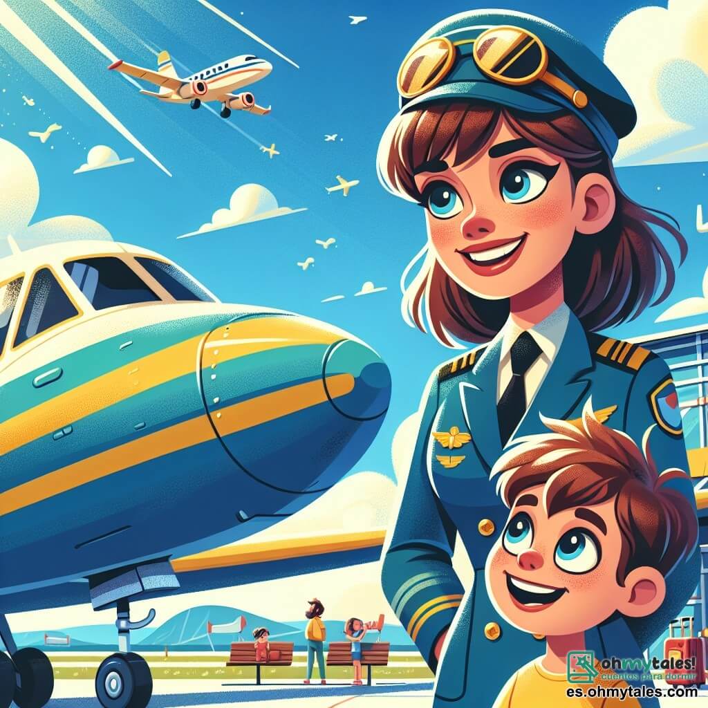 Una piloto llamada Sofía está de pie junto a su gran avión de colores vivos, sonriendo. Lleva un traje de piloto azul, un casco y gafas de sol, con su cabello castaño ondeando ligeramente. A su lado, un niño de 8 años llamado Lucas, con ojos brillantes y cabello desordenado, levanta los brazos con entusiasmo, soñando con volar algún día. Lleva una camiseta amarilla y un pantalón corto, de pie sobre un banco cerca del avión, mirando a Sofía con admiración. La escena tiene lugar en un aeropuerto soleado, con un cielo azul y algunas nubes blancas. En el fondo, hay otros aviones y personas con equipaje, creando un ambiente animado. Sofía le cuenta a Lucas historias de sus aventuras aéreas, mientras él la escucha con asombro, iluminados por el sol y compartiendo su sueño de volar juntos.