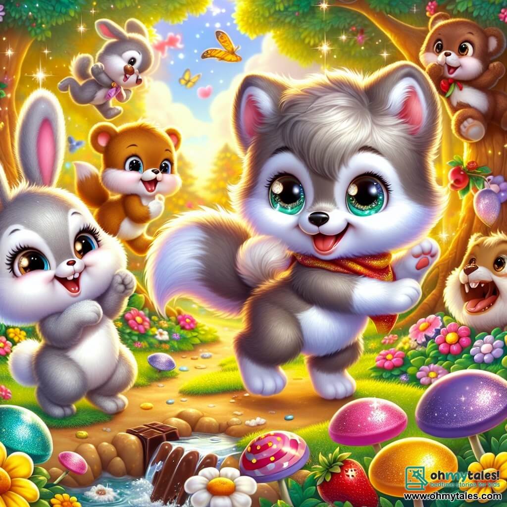 An illustration depicts a small wolf with soft, fluffy fur, bright mischievous eyes, and a wagging tail, joyfully dancing in a field of colorful flowers. Next to him, a small rabbit with bright white fur and large upright ears playfully hops, her sparkling eyes filled with joy. In the background, a round teddy bear with a warm smile enjoys berries with a delighted expression. A playful squirrel, wearing a red scarf, climbs a tree, laughing at her friends. The main setting is an enchanted clearing bathed in golden light, surrounded by majestic trees with shimmering leaves. Giant candies and multicolored flowers decorate the ground, while a chocolate stream flows peacefully nearby. The main scene shows the little wolf and his friends dancing joyfully together, celebrating their friendship and adventure amidst treats and laughter. Additional graphic elements include sparkling stars in the sky, candy garlands hanging from tree branches, and laughter illustrated by colorful speech bubbles.