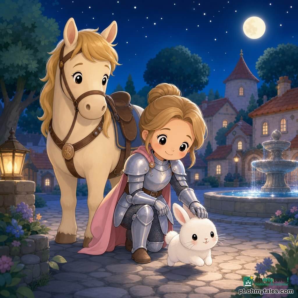 Uma cavaleira sorridente e tranquila, rosto redondo e olhos brilhantes, em armadura leve prateada com reflexos azuis e capa curta rosa, acaricia um pequeno coelho branco enquanto seu grande cavalo Brilho, de pelagem creme e crinas douradas, permanece ao lado; cena na orla de um bosque junto a uma praça de vila noturna com paralelepípedos e uma fonte de pedra cintilante, atmosfera calma e segura iluminada pela lua e por pequenas lanternas.