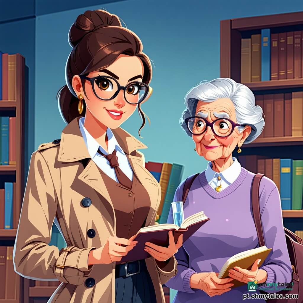 Uma detetive mulher, Clara, está no centro da imagem, com cabelos castanhos presos em um coque e óculos redondos. Ela usa um trench coat bege e um sorriso determinado, seus olhos brilhando de excitação e curiosidade. Clara segura um caderno em uma mão e examina um tubo de plástico transparente com a outra, mostrando uma expressão de descoberta. Ao lado dela está Dona Estela, uma bibliotecária de cerca de 60 anos, com cabelos grisalhos em um coque e óculos retangulares. Ela usa um suéter roxo e observa Clara com uma expressão de preocupação, segurando um livro nas mãos. Um pouco mais longe, Seu Raul, o jardineiro, um homem de cinquenta anos com barba grisalha e uniforme de limpeza, observa a cena com um ar de alívio, segurando uma vassoura. A cena se passa em uma biblioteca municipal aconchegante, com estantes cheias de livros coloridos, tapetes macios e luzes suaves. Ao fundo, uma janela deixa entrar a luz do dia, e um canto da sala mostra uma gota d'água caindo no chão, criando uma pequena poça. A situação principal mostra Clara descobrindo o Mapa da Primeira Feira da Vila, cuidadosamente enrolado no tubo, enquanto Dona Estela e Seu Raul a observam com curiosidade. A atmosfera é cheia de mistério e excitação, com brilhos de purpurina dourada cintilando no chão.