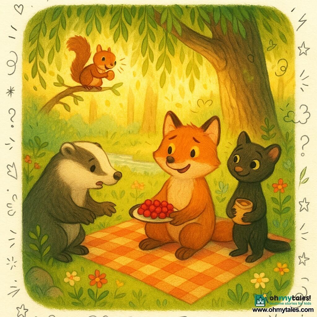 The main character is Finn, a warm, slightly embarrassed red fox with hazel eyes, sitting on a checkered blanket, smiling and offering a plate of berries. Mira, a shy but smiling black-furred marten with large green eyes, stands slightly behind Finn holding a pouch of roasted hazelnuts. Bella, a stocky black-and-white badger, looks embarrassed then remorseful as she leans left offering berries to Mira. Sammy the squirrel, small and lively, nibbles a hazelnut with wide-eyed delight from a low branch above the blanket. The scene is a bright woodland glade beneath a weeping willow with mossy ground, colorful wildflowers, a sparkling stream and golden sunlight filtering through the leaves. The composition centers on the blanket and readable expressions, depicting a gentle picnic of animals sharing food, reconciliation and friendship, with warm colors and soft textures.