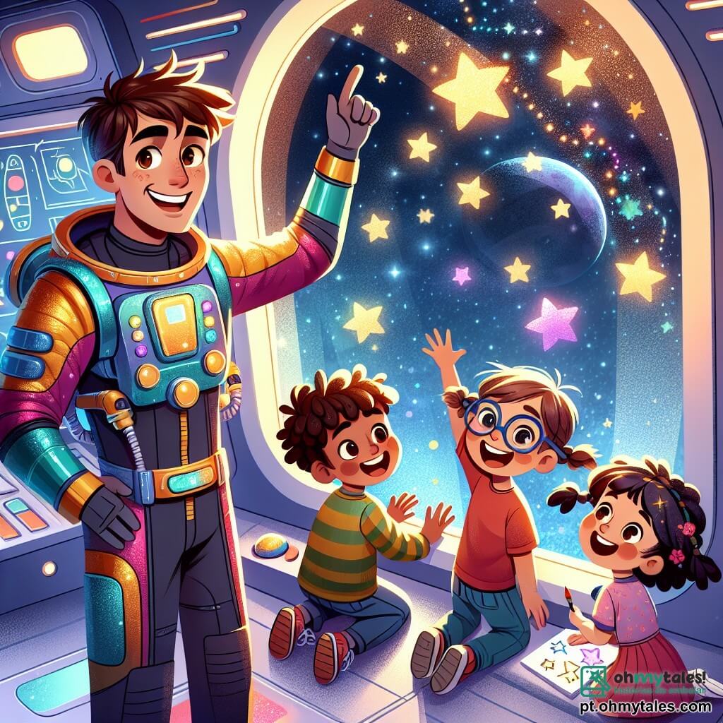 O personagem principal, o Comandante Léo, é um homem sorridente de cerca de trinta anos, com cabelos castanhos e olhos brilhantes de excitação. Ele usa um traje espacial brilhante, decorado com cores vivas, e está de pé perto da janela de sua grande nave espacial, apontando para as estrelas cintilantes do lado de fora com um olhar maravilhado. Ao seu lado, um grupo de quatro crianças alegres, dois meninos e duas meninas, com idades entre 8 e 10 anos. O primeiro menino, Lucas, tem cabelos loiros bagunçados e usa uma camiseta vermelha. Ele salta de alegria, com os braços levantados. A segunda menina, Mia, tem cabelos negros trançados e um sorriso radiante, segurando um pequeno robô de brinquedo. O terceiro criança, Tom, usa óculos e um suéter azul, observando atentamente pela janela. Finalmente, a quarta menina, Clara, tem cabelos cacheados e usa um vestido roxo, desenhando estrelas em um caderno. A cena acontece dentro da nave espacial, que está cheia de luzes coloridas e painéis de controle futuristas. Através das grandes janelas, pode-se ver uma vista deslumbrante do espaço, com planetas coloridos e estrelas brilhantes. A situação principal mostra Léo e as crianças maravilhados com a beleza do universo, enquanto se preparam para explorar novos mundos cheios de aventuras e descobertas.