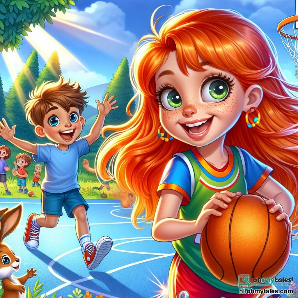 Op de voorgrond staat een 8-jarig meisje met stralend rood haar, sproeten op haar gezicht en een grote glimlach. Ze draagt een kleurrijk basketbalshirt en shorts, terwijl ze vrolijk een basketbal dribbelt op een zonnig veld. Haar ogen stralen van opwinding en vastberadenheid. Naast haar staat een 9-jarig jongetje met rommelig bruin haar en een blauwe t-shirt, die haar aanmoedigt en applaudisseert. Hij staat aan de zijlijn met zijn armen omhoog, klaar om mee te spelen. Op de achtergrond is een groen basketbalveld omringd door majestueuze bomen en een stralende blauwe lucht. Dieren zoals konijnen en eekhoorns spelen eromheen, wat een magische sfeer toevoegt aan de scène. Het meisje dribbelt enthousiast de bal, klaar om te scoren, terwijl haar vrienden haar aanmoedigen, wat een sfeer van kameraadschap en vreugde creëert.