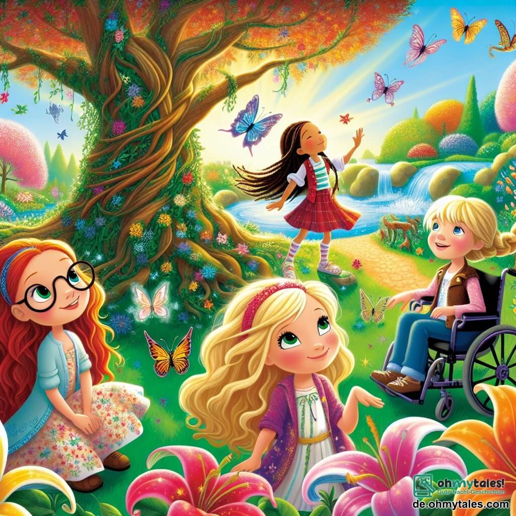 Vier Mädchen, etwa 10 Jahre alt, stehen in einem magischen Garten. Lena, mit braunen Haaren und Brille, lächelt und schaut neugierig auf einen großen, weisen Baum. Mia, mit lockigem, blondem Haar, hockt am Ufer eines Baches und ist fasziniert von den bunten Fischen. Sophie, mit roten Haaren und Zöpfen, steht auf einem kleinen Hügel, die Arme im Wind erhoben, als wolle sie den Himmel berühren. Emma, mit braunen Haaren im Pferdeschwanz, sitzt in ihrem Rollstuhl, umgeben von leuchtenden Blumen, und hört aufmerksam der Stimme einer großen, bunten Blume zu, die scheinbar mit ihr spricht. Der Garten ist ein zauberhafter Ort, voller lebendiger Blumen, gewundener Wege und eines strahlend blauen Himmels. Sonnenstrahlen filtern durch die Blätter und werfen tanzende Schatten auf den Boden. Die Hauptsituation zeigt die Mädchen, die die Magie des Gartens entdecken, wobei jede von der Natur eine wertvolle Lektion erhält, was ihr Staunen und ihre Neugier verdeutlicht.