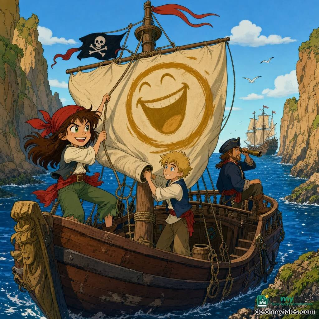 Die Hauptfigur ist die junge Piratin Emma mit schelmischem Gesicht, funkelnden grünen Augen, rotem Tuch und zerzaustem braunem Haar, die entschlossen lächelnd ein großes bemaltes Segel hochzieht; ein etwa 12-jähriger blonder Junge als Maat hilft links am Mast auf dem Deck, ein etwa 40-jähriger Mann mit kurzem Bart und abgenutztem Seemannshut beobachtet vom Heck mit einem Fernrohr das Meer; das kleine Holzpiratenschiff "Windstürmer" liegt in einer engen Bucht an okkergelben, algengrünen Klippen, verwittertes Planken-Deck und sichtbares Tauwerk, tiefblaues, schimmerndes Meer; das Segel zeigt ein großes lachendes ocker-gelbes Gesicht mit einfachen Zügen und sichtbaren Pinselstrichen auf zerknitterter Leinwand; Szene: Augenblick des Setzens des Segels, um ein feindliches Schiff zu täuschen, angespannte und dennoch fröhliche Stimmung, klarer Himmel, weiche Schatten und wehende Fahnen.