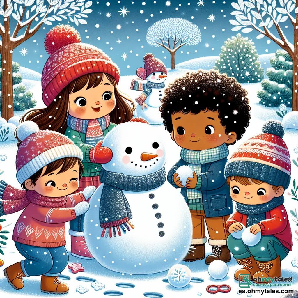 En un parque nevado, cuatro niños se divierten juntos. Sofía, una niña de 3 años con largos cabellos castaños y un gorro rojo, ríe mientras hace una bola de nieve. A su lado, Miguel, un niño de 3 años con cabello rubio y una bufanda azul, levanta los brazos, listo para lanzar una bola de nieve. Laura, otra niña de 3 años con cabello rizado y un abrigo rosa, sonríe mientras coloca botones en la cara del muñeco de nieve que han construido. Por último, Tomás, un niño de 3 años con cabello castaño y un abrigo verde, se agacha para recoger nieve, con los ojos brillantes de alegría. El parque está cubierto de una gruesa capa de nieve brillante, con árboles cuyas ramas están cargadas de copos blancos. El cielo es de un azul brillante, salpicado de algunas nubes esponjosas. Las huellas en la nieve conducen a un muñeco de nieve sonriente, adornado con una bufanda roja y botones coloridos. Los niños están activos, riendo y jugando a hacer bolas de nieve, creando un ambiente alegre y festivo, listos para lanzarse bolas de nieve mientras la nieve sigue cayendo suavemente a su alrededor.