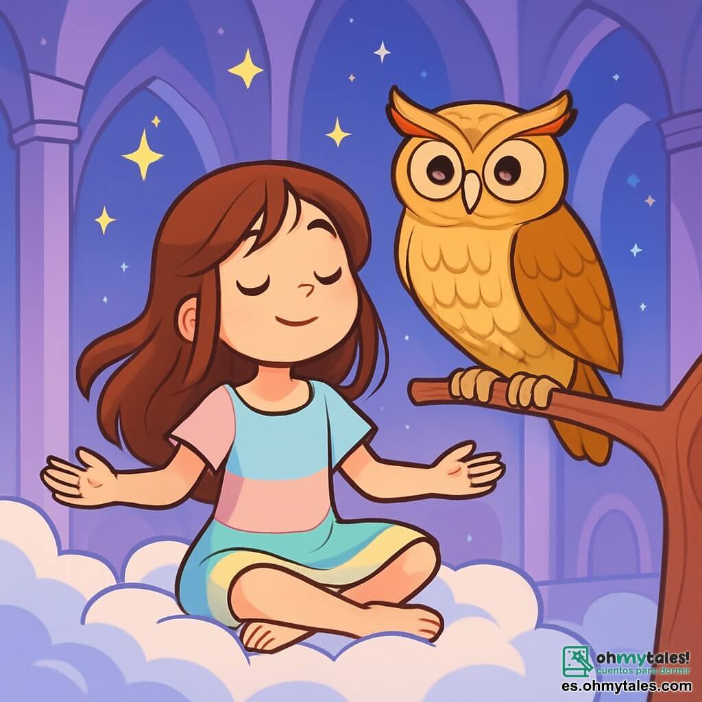 Una niña de 12 años, llamada Lucía, está sentada en una nube esponjosa, con una sonrisa serena y ojos brillantes de curiosidad. Tiene el cabello largo y castaño flotando alrededor de su rostro, vestida con un vestido ligero de colores pastel. A su lado, un majestuoso búho de plumas doradas, Bubo, está posado en una rama luminosa, observando a Lucía con benevolencia. El lugar es un palacio de luz suave, con paredes que brillan en tonos violetas y azules, y el suelo cubierto de nubes esponjosas. Estrellas brillantes danzan a su alrededor, añadiendo un toque mágico a la atmósfera. La escena principal muestra a Lucía respirando profundamente, con los brazos abiertos hacia el cielo estrellado, mientras Bubo le enseña el arte de la relajación, creando una atmósfera de paz y bienestar.