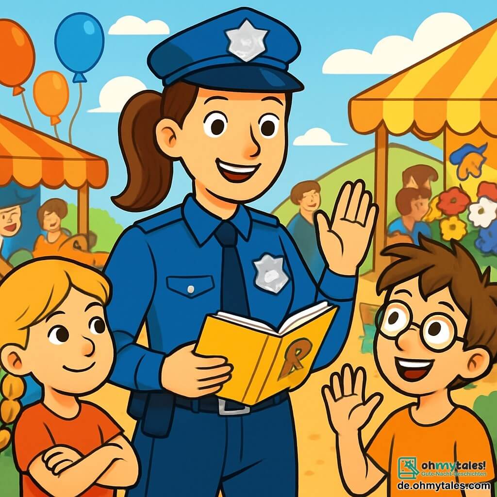 Eine lächelnde Polizistin in einer leuchtend blauen Uniform mit einem glänzenden silbernen Abzeichen auf der Brust steht im Zentrum der Szene. Ihr Gesicht strahlt Stolz und Entschlossenheit aus, ihre braunen Haare sind zu einem Pferdeschwanz gebunden. Sie beobachtet aufmerksam die Kinder um sich herum, bereit, spannende Geschichten zu teilen. Rechts von ihr hebt ein 11-jähriger Junge namens Tim mit runden Brillen und zerzausten Haaren begeistert die Hand, seine Augen funkeln vor Aufregung. Links von ihr lächelt Sarah, ein 10-jähriges Mädchen mit blonden Zöpfen, und hört aufmerksam zu, die Arme verschränkt, voller Neugier. Die Szene spielt sich auf einem lebhaften Markt ab, mit bunten Ständen, die mit frischen Früchten, leuchtenden Blumen und Holzspielzeug überquellen. Menschen bewegen sich, lachen und unterhalten sich, während Ballons im blauen Himmel schweben. Die Polizistin erklärt den Kindern die Bedeutung ihres Berufs und erzählt ihnen eine lustige Geschichte über einen Hund, der geholfen hat, einen Dieb zu fangen. Die Kinder hören fasziniert zu, ihre Gesichter erleuchtet von Begeisterung und Neugier, bereit, gemeinsam ein Abenteuer zu erleben.