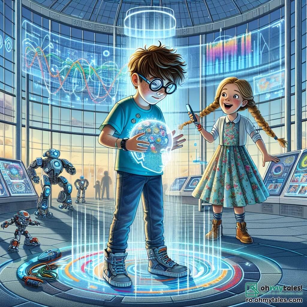 Un băiat de 12 ani, pe nume Andrei, stă în centrul imaginii, cu părul brun dezordonat și ochelari rotunzi care îi dau un aer curios. Poartă un tricou albastru viu cu motive futuriste și o pereche de blugi. Fața lui exprimă o mare excitație și concentrare în timp ce manipulează o cască tehnologică strălucitoare, "Gânditorul", care scintilează cu lumini colorate. La dreapta lui, Raluca, o fată de 11 ani cu părul lung și blond împletit, observă cu un zâmbet încântat. Poartă o rochie ușoară cu motive florale și ține în mâini o telecomandă futuristă, pregătită să controleze un zmeu holografic care plutește deasupra lor. Decorul este al unui imens Centru de Tehnologie, cu pereți din sticlă transparentă și ecrane holografice care afișează grafice animate. Roboți și gadgeturi futuriste sunt împrăștiate în jurul lor, creând o atmosferă dinamică și inovatoare. Situația principală îi arată pe Andrei și Raluca testând Gânditorul, un dispozitiv care transformă gândurile lor în acțiuni, în timp ce un mic robot pe care l-au construit împreună începe să adune deșeuri din jurul lor, ilustrarea proiectului lor de a face orașul mai curat.