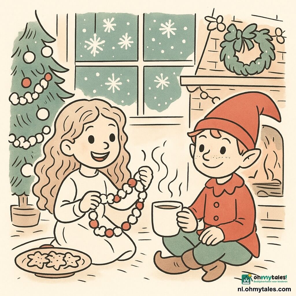 Een zesjarig meisje, Emma, met lange krullende haren en een stralende glimlach, zit op de vloer van haar woonkamer, omringd door fonkelende kerstversieringen. Ze hangt een slinger van popcorn en cranberry's op met verwonderde ogen. Een kleine elf, Fiep, met een rode pet en sproeten, staat naast haar, houdt een kop stomende warme chocolademelk vast en glimlacht warm. De woonkamer is gezellig en feestelijk, met een kleine tafel bedekt met koekjes en een open haard waar zachtjes een vuur knettert. Buiten valt zachtjes sneeuw, zichtbaar door een groot raam versierd met papieren sneeuwvlokken.