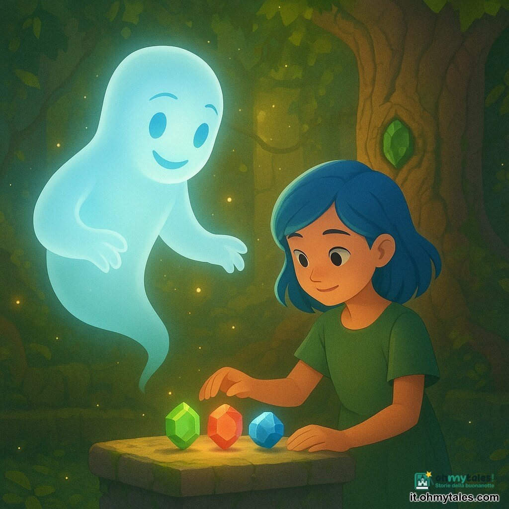 Un fantasma chiamato Elio, translucido e luminoso, volto sorridente e occhi a mandorla brillanti, fluttua sopra un altare di pietra con mani trasparenti tese verso le gemme; Azzurra, bambina di circa 10–12 anni con capelli azzurro cielo di media lunghezza e vestito semplice verde muschio, posa con dolcezza le tre gemme scintillanti sull'altare; sul muro dietro l'altare è scolpito un grande albero millenario dalle radici spesse e legno screpolato, con una gemma verde incastonata nel tronco; il tempio è coperto di muschio e liane, pareti di pietra ricoperte di piante, raggi di luce dorata filtrano attraverso il fogliame e piccole lucciole fluttuano, mentre le gemme — terra verde, cielo argento, mare blu profondo — si assemblano sull'altare e illuminano la foresta in un'atmosfera calda, incantata, con colori vividi e texture dettagliate.