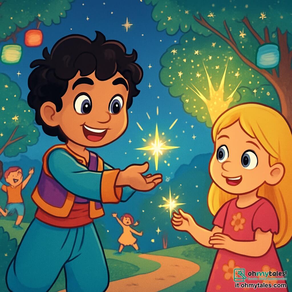 Aladino, un ragazzo di dieci anni con occhi brillanti come stelle e capelli neri ricci, sorride entusiasta mentre porge una piccola scintilla luminosa a un altro bambino. Indossa una tunica colorata e pantaloni leggeri, e il suo viso esprime una gioia contagiosa. Accanto a lui, una bambina di nove anni, con lunghi capelli biondi e un vestito rosa decorato con fiori, guarda Aladino con ammirazione, pronta a ricevere la scintilla. Lo scenario è un parco magico, pieno di lanterne colorate che fluttuano nell'aria e alberi con foglie scintillanti che brillano sotto un cielo crepuscolare punteggiato di stelle. I bambini ridono e ballano attorno a un grande albero luminoso, dove lampi di luce esplodono come fuochi d'artificio. La scena principale mostra Aladino che condivide la sua scintilla magica con i suoi amici, creando una catena di luce che illumina il parco, simboleggiando gioia e solidarietà tra i bambini.