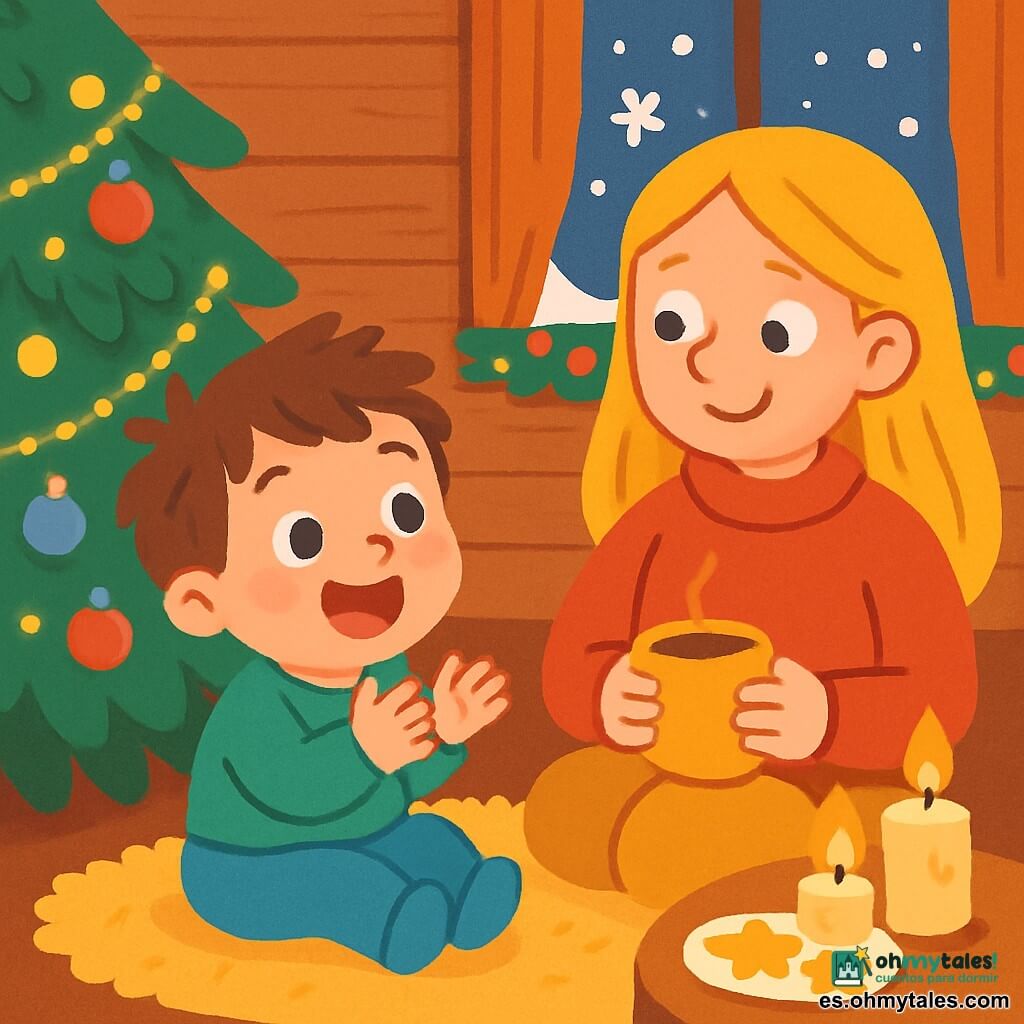 Un niño de 2 años, con cabello castaño desordenado y ojos brillantes de alegría, está sentado cerca de un árbol de Navidad decorado con luces parpadeantes y bolas de colores. Sonríe con asombro, sus mejillas rosadas iluminadas por el brillo de las guirnaldas. Su madre, una mujer de unos 30 años con cabello largo y rubio, está sentada a su lado, vestida con un cálido suéter rojo. La mira con ternura, sosteniendo una taza de chocolate caliente en sus manos, mientras la calidez de las velas en la mesa crea un ambiente acogedor. La escena tiene lugar en una sala acogedora, con paredes de madera, una alfombra suave y ventanas adornadas con copos de nieve que caen suavemente afuera. La habitación está llena de decoraciones navideñas, y el aroma de galletas recién horneadas flota en el aire. El niño, maravillado, aplaude alegremente imitando el sonido de las campanas de Navidad, mientras su madre le sonríe, compartiendo juntos este momento mágico.