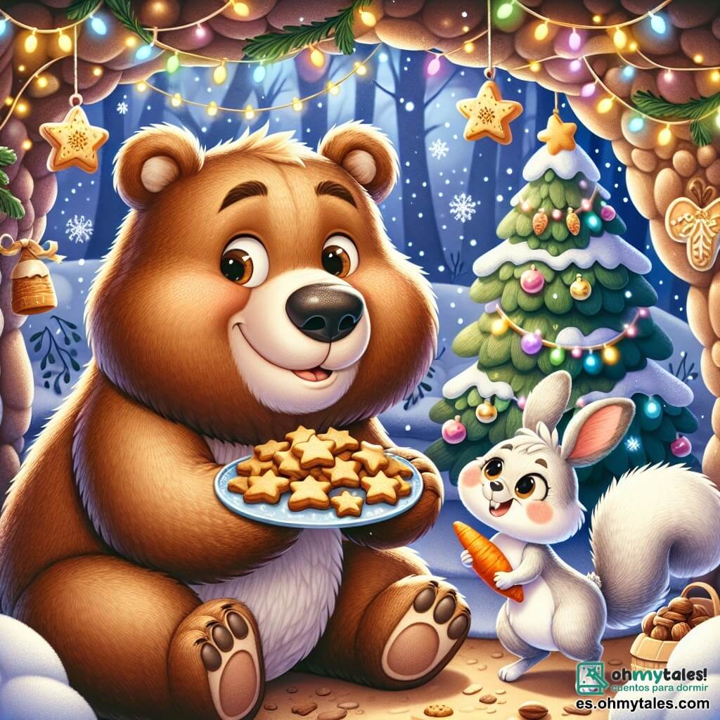 Un gran oso pardo llamado Bruno, con un pelaje suave y ojos brillantes de alegría, está sentado en su cueva acogedora, rodeado de decoraciones navideñas brillantes. Sonríe ampliamente mientras sostiene un plato de pasteles en forma de estrellas, listo para compartir su deliciosa creación. A su lado, una pequeña ardilla llamada Lila, con pelaje rojo y una cola esponjosa, salta de alegría, sus ojos brillando de emoción, sosteniendo una pequeña nuez en sus patas. Un adorable conejo blanco llamado Tito, con largas orejas y una sonrisa juguetona, se encuentra cerca del árbol de Navidad, decorado con guirnaldas coloridas y una estrella dorada, extendiendo una zanahoria a Bruno. La cueva está iluminada por luces multicolores, con un gran árbol decorado en el centro, y copos de nieve caen suavemente afuera, creando una atmósfera mágica navideña. En esta escena, Bruno y sus amigos se preparan para celebrar juntos la fiesta más hermosa del año, llenos de alegría y amistad.