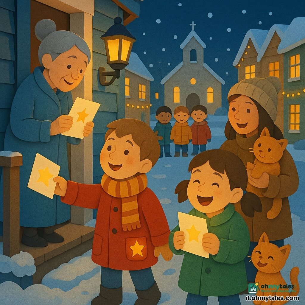 Un ragazzino di 8 anni, Nico, sorridente e incantato, capelli castani corti, cappotto rosso e sciarpa a righe, porge una cartolina di Natale ornata da una piccola stella dorata scintillante; alla sua sinistra la nonna di circa 70 anni, capelli grigi raccolti e lungo cappotto azzurro chiaro, la riceve commossa sul pianerottolo; alla sua destra Sofia, bimba di circa 8 anni con due codini e cappotto verde, ride aprendo la sua cartolina accanto a un gattino curioso; dietro Sofia una vicina sui 30 anni con berretto beige tiene in braccio un gattino rosso e sorride mostrando la cartolina; più avanti tre bambini con cappotti colorati osservano incantati sui gradini della chiesa; la strada del villaggio è innevata con case in legno pastello, lucine dorate e lampioni retrò, piccole impronte nella neve; scena notturna di distribuzione di cartoline natalizie magiche, luci calde che emanano dalle carte e da una stellina dorata nella tasca di Nico, visi illuminati, atmosfera accogliente e festosa con forte contrasto tra il blu freddo della neve e i gialli/arancioni delle luci.