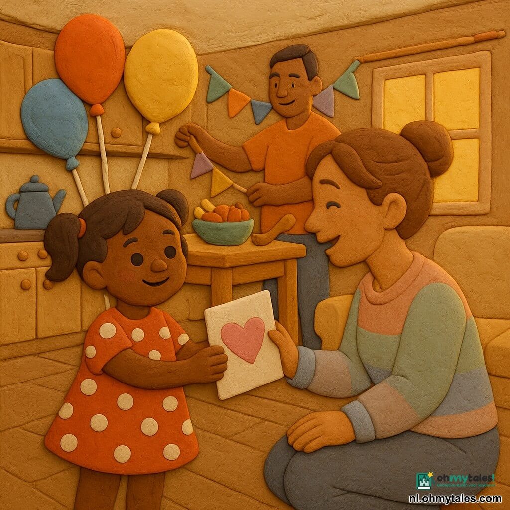 Een 4-jarig meisje, ontroerd en trots, ronde gezichtje, rossige wangen, bruine vlechtjes en een jurk met rode stippen, houdt kleurrijke ballonnen (rood, geel, blauw, een hartjesballon) en een grote getekende kaart; haar ogen glanzen en ze glimlacht licht. Een moeder (ongeveer 30–35) met lichtbruin gebonden haar, glimlachend en ontroerd, knielt voor haar om de kaart te ontvangen; ze draagt een pastelkleurige trui en heeft zachte handen op haar knieën. Een vader (ongeveer 30–40) met kort haar hangt op de achtergrond een slinger op en houdt een houten lepel bij een lage tafel. Locatie: warme keuken-woonkamer met lichte houten tafel, mand met kleurrijk fruit, papieren slingers, crème bank en groot raam met gouden ochtendlicht. Hoofdgebeuren: Moederdagverrassing — het meisje geeft haar kaart en ballonnen; de ballonnen zweven zacht naar het plafond, een tedere, vrolijke en rustige scène. Visuele stijl: reliëf van boetseerklei met zichtbare modelleertekstuurs, felle contrasterende kleuren, eenvoudige afgeronde vormen, zachte schaduwen, gezellige speelse sfeer.
