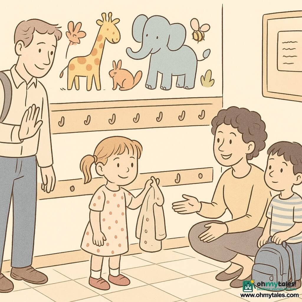 Four characters: Mila, 4, light brown pigtails and polka-dot dress, centered as she hangs her small coat on a star-marked hook, slightly smiling; Dad, adult man in blue pants and light shirt, left by the door with a backpack, hand raised in farewell, kindly watching Mila; Ms. Green, adult teacher with short curly hair and a soft sweater, crouched to Mila’s right with open hands and a reassuring smile; Leo, 5, short black hair and striped tee, slightly behind Ms. Green holding a bag with a stuck zipper, curiously watching Mila. Setting: bright school corridor with low wooden hooks, a large colorful animal mural, light checkerboard floor, rounded posters and a small window letting in soft light. Main moment: drop-off as Mila hangs her coat on the star hook, her father leaves, the encouraging teacher at her side and a classmate with a jammed zipper observing; calm, safe, warm atmosphere.