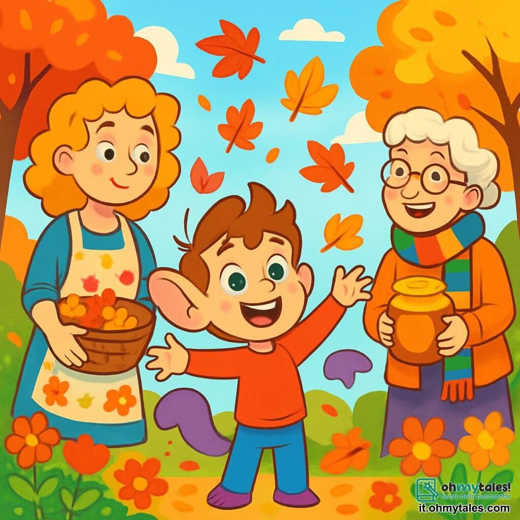Milo, un ragazzino con grandi orecchie pelose e una coda viola, è in piedi nel mezzo di un giardino autunnale splendente. Il suo viso irradia gioia, con occhi verdi scintillanti, mentre lancia foglie colorate in aria, creando una pioggia di rosso, oro e arancione intorno a lui. Accanto a lui, sua madre, una donna con capelli ricci e dorati, sorride teneramente indossando un grembiule floreale e tenendo un cesto pieno di foglie. Guarda Milo con orgoglio e divertimento. Un po' più lontano, la nonna, con la sua lunga sciarpa colorata e occhiali rotondi, osserva la scena ridendo, con un grande sorriso sul volto, mentre tiene un barattolo di miele tra le mani. Il giardino è un vero e proprio quadro autunnale, con alberi dai colori vivaci, un cielo blu chiaro punteggiato di nuvole soffici e fiori dai colori vivaci che aggiungono un tocco di magia. La scena principale mostra Milo che si diverte a giocare con le foglie, circondato dalla sua famiglia, in un'atmosfera calda e festosa, celebrando la bellezza dell'autunno.