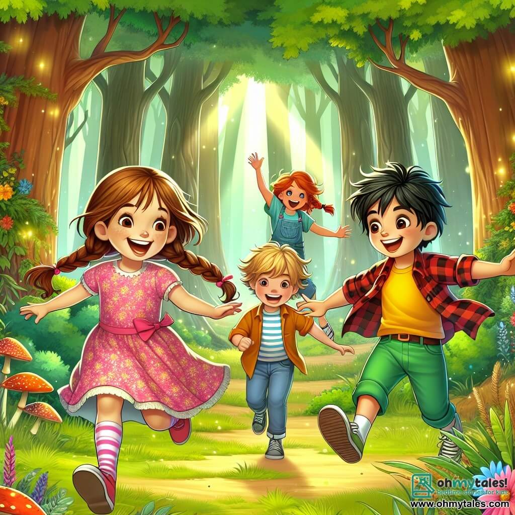 Four children, two girls and two boys, are playing together in an enchanted forest. Mia (girl, 8 years old) has long brown hair and wears a pink dress with flowers, joyfully running towards the center of the image. Zoe (girl, 7 years old) has braided blonde hair and wears a yellow t-shirt with denim shorts, smiling and raising her arms in the back. Leo (boy, 8 years old) has messy black hair and wears a blue t-shirt with green pants, running with open arms, ready to catch Mia. Max (boy, 7 years old) has brown hair and wears a red checkered shirt, laughing and watching the game from the back. The setting is a dense forest with large trees, vibrant green leaves, and colorful flowers on the ground, with sunlight filtering through the foliage, creating a magical atmosphere. In the center, the Big Bad Wolf, large and furry with bright eyes and a friendly smile, watches them play hide and seek. Sitting on his hind legs, he appears friendly and ready to have fun, and the children seem delighted to play with him, illustrating a moment of unexpected joy and friendship.