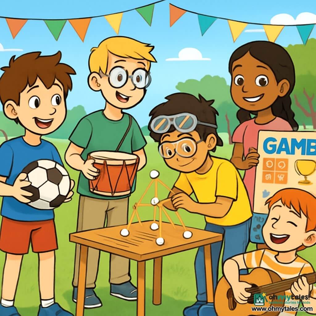 There are 5 children: Max, an 11-year-old boy with messy brown hair and sparkling eyes, wearing a blue t-shirt and red shorts, holding a football; Lucas, a 12-year-old tall and clumsy boy with round glasses and blonde hair, dressed in a green t-shirt and beige pants, smiling while holding a drum; Aiden, an 11-year-old boy with black hair and protective goggles on his forehead, wearing a yellow t-shirt and jeans, leaning over a table with spaghetti and marshmallows to build a tower; Jamie, an 11-year-old boy with red hair and freckles, wearing a striped t-shirt and shorts, enthusiastically playing guitar while sitting on the grass; and Priya, a 10-year-old girl with long braided brown hair, wearing a pink t-shirt and a floral skirt, standing and smiling while holding a large colorful sign with game rules. The scene takes place on a sunny sports field filled with colorful flags fluttering in the wind. Groups of children are playing around, some sitting on the green grass, others busy at a table with crafting materials. In the background, trees provide shade, and a clear blue sky adds a cheerful touch. The main situation shows the five children joyfully collaborating to organize fun games. Max and Lucas discuss the game rules, while Aiden and Priya build a tower with spaghetti. Jamie plays guitar, creating a festive atmosphere. All the children appear happy and engaged, illustrating teamwork and gender equality in a playful setting.