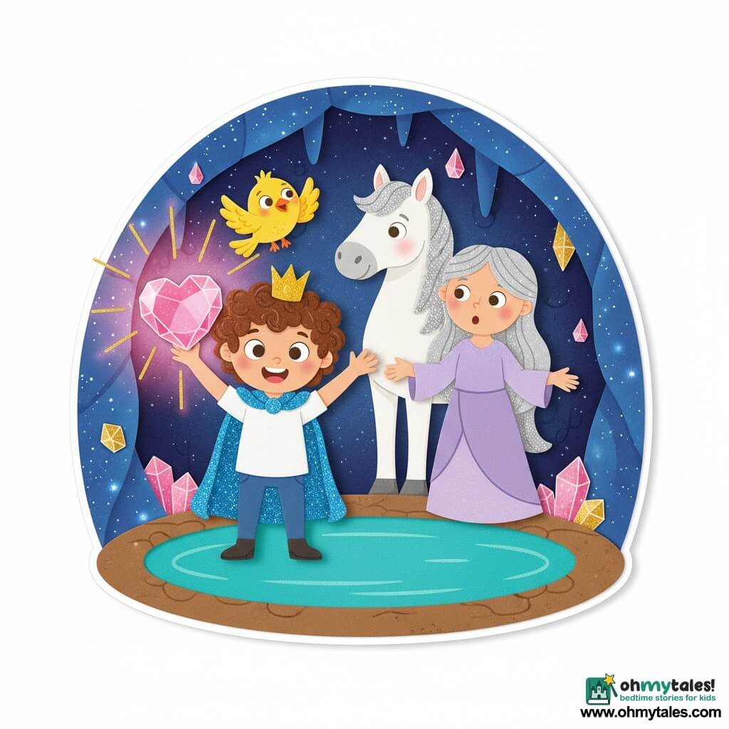Prince (boy) center, joyful confident face, curly brown hair, sparkling blue cape, simple gold crown, holding a large glowing pink crystal-heart; upright posture, arms raised, wide smile, bright round eyes. Pip the bird, small vivid yellow, wings open flying just above the prince’s shoulder, playful expression, orange beak. Malvoria, softened witch, light purple dress, silver-gray hair loose, open hands, surprised calm look, slightly behind and to the right. Stardust, white horse with glittering mane, gentle muzzle, standing behind the prince, calm gaze, ears forward. Setting: round dark-blue cavern with sparkling patterns, turquoise mirror pool reflecting the heart’s glow, rounded stalactites and embedded pink and gold crystals. Scene: warm light as the crystal-heart radiates pink and gold rays enveloping the witch — simple composition, rounded shapes, bright colors, thick outlines, EVA-foam textures visible, reassuring magical atmosphere.