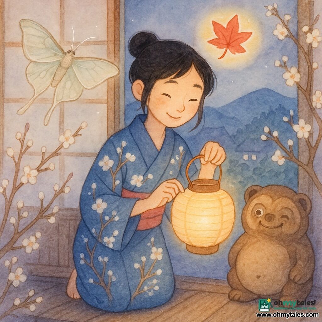 Young Hana, smiling and dreamy, holds a small paper lantern glowing warm gold while wearing an indigo kimono with plum‑branch motifs and her black hair in a simple bun; a pale large moth with translucent rice‑colored wings and threadlike silver antennae flutters near the window, a rounded patinated tanuki statue with mischievous eyes winks on the threshold to her right, and a bright red maple leaf edged with a faint halo floats above the lantern; the setting is a small Japanese village at dusk with dark porch planks, washi window paper, flowering plum branches and bluish distant mountains, as Hana opens the window by the lantern’s soft light, curiously watching the three magical visitors on her doorstep.