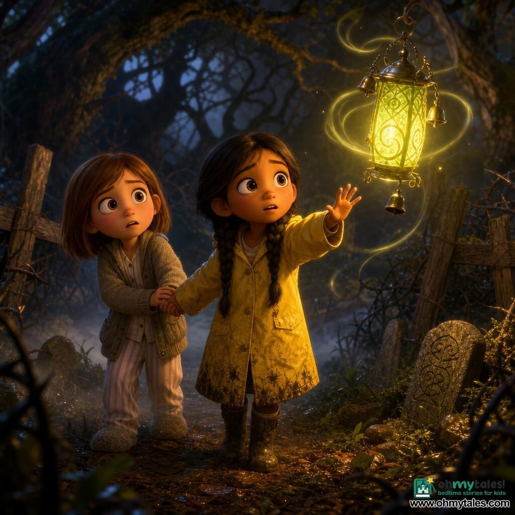 Two 8-year-old girls stand at the edge of a dark thicket called Blackthorn Hollow: on the left a girl with long brown hair in two braids wearing a crumpled yellow rain jacket and muddy boots reaches toward a green-gold floating lantern with a curious but hesitant expression; just behind her a girl with chin-length light brown hair in striped pajamas under a gray cardigan and slippers holds her friend’s hand and watches the lantern with wide worried eyes. Twisted black trunks covered in moss, thorny brambles, wet leaf-strewn ground and low-lying mist curl around their feet; a half-buried carved stone and a crossed wooden fence lie nearby. The lantern hovers without a cord, casting green-gold light and long wavering shadows, bells hanging from it giving faint glints, creating a mysterious, slightly eerie but nonviolent atmosphere.