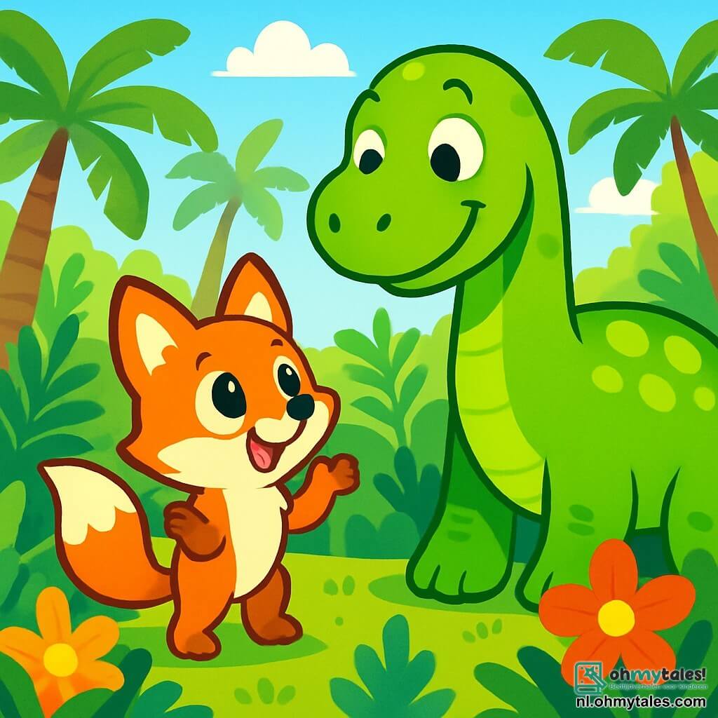 Een kleine vos genaamd Vinnie, met een heldere oranje vacht en nieuwsgierige sprankelende ogen, staat in het midden van de scène, met zijn voorpoten omhoog, verwonderd over zijn omgeving. Naast hem staat een grote herbivore dinosaurus, met een groene huid en glanzende schubben, die vriendelijk glimlacht, zijn zachte ronde ogen tonen vriendelijkheid. Ze bevinden zich in een weelderig prehistorisch bos, vol grote varens, reusachtige palmbomen en kleurrijke bloemen die bloeien onder een stralende blauwe lucht. Vinnie kijkt verwonderd naar de dieren die om hen heen huppelen, terwijl Dino, met een blije uitdrukking, hem de verschillende planten laat zien die hij kan eten.