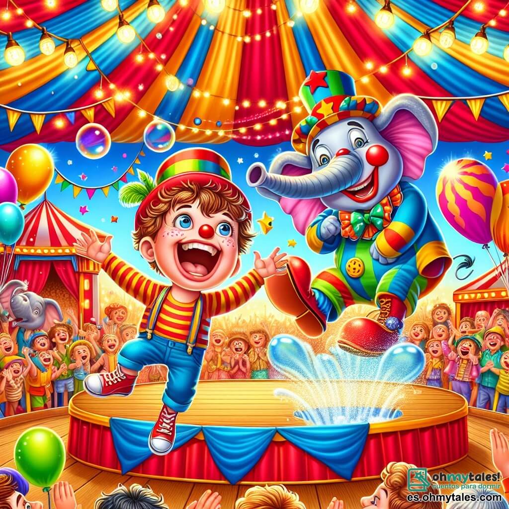 Un niño de 4 años, con cabello castaño desordenado y una gran sonrisa maravillada, lleva un gorro de rayas coloridas. Salta de alegría, con los brazos levantados, en medio de una escena de circo animada. A su lado, el payaso Coco, un hombre de unos 30 años, con una nariz roja y zapatos gigantes, tropieza riendo, con los brazos extendidos, listo para caer en una piscina de burbujas brillantes. Un poco más allá, la señora Elefanta, una elefanta graciosa, se sostiene sobre sus patas traseras, con flores coloridas colgadas de sus grandes orejas. El circo está lleno de colores vivos, con carpas a rayas rojas y amarillas, luces centelleantes y globos flotando en el aire. En el centro, un escenario de madera está rodeado de espectadores alegres, todos cautivados por el espectáculo. La escena principal muestra al niño riendo a carcajadas mientras el payaso Coco cae en la piscina de burbujas, creando una explosión de espuma y risas a su alrededor.