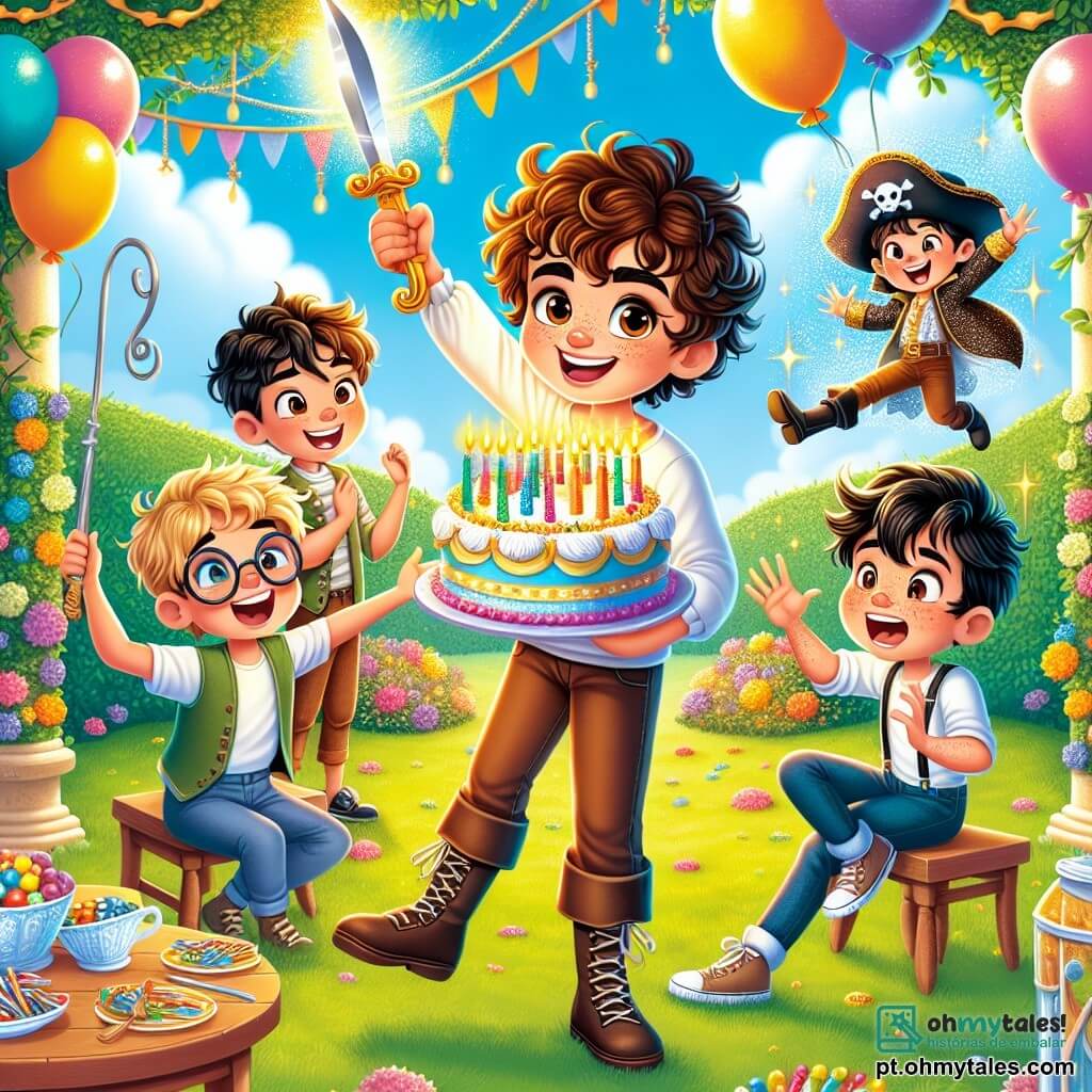 Em um jardim ensolarado, um garoto de 12 anos chamado Pedro, com cabelos castanhos e cacheados, sorri alegremente segurando um grande bolo de aniversário decorado com velas coloridas. Ao seu lado, seu melhor amigo Lucas, um garoto com cabelos loiros e olhos brilhantes, faz pose de pirata, levantando uma espada de plástico. Um pouco mais adiante, Miguel, um garoto com cabelos pretos e óculos, flutua no ar, rindo e fazendo acrobacias, enquanto João, um garoto com cabelos castanhos e sardas, aplaude entusiasticamente. O jardim está cheio de balões coloridos flutuando no ar, de guirlandas festivas penduradas nas árvores e de uma grande mesa decorada com pratos de doces e copos. Ao fundo, uma porta mágica brilha, cercada de flores vibrantes, adicionando um toque de mistério à cena. A situação principal mostra Pedro e seus amigos celebrando seu aniversário, cercados de risos e alegria, enquanto se preparam para soprar as velas do seu bolo sonhando com aventuras mágicas.