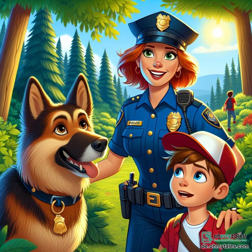Im Vordergrund steht die lächelnde Polizistin Anna, etwa dreißig Jahre alt, mit glänzendem rotem Haar und blauem Uniform, die einen Polizeihund namens Rex streichelt, der ein goldenes Fell und einen intelligenten Blick hat. Sie zeigt Stolz und Entschlossenheit, bereit, anderen zu helfen. Neben ihr steht ein zehnjähriger Junge, Tim, mit zerzausten braunen Haaren und einer roten Mütze, der den Hund mit weit aufgerissenen Augen bewundernd ansieht. Im Hintergrund sieht man einen dichten Wald mit majestätischen grünen Bäumen und Sonnenstrahlen, die durch das Blätterdach filtern und eine warme, einladende Atmosphäre schaffen. Die Szene zeigt, dass Anna und Rex gerade einen verlorenen Wanderer gefunden haben, was den Teamgeist und die Bedeutung der Polizei in der Gemeinschaft verdeutlicht.