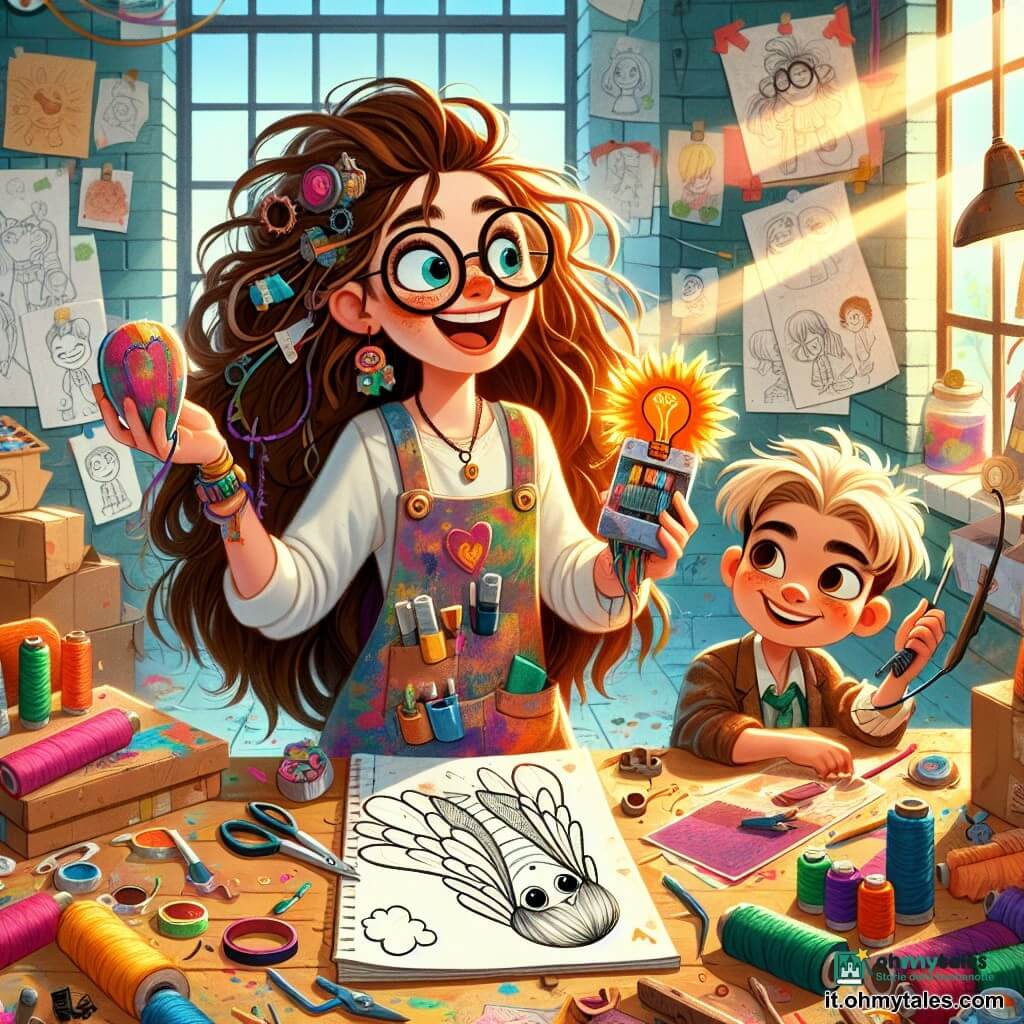 Una giovane donna di nome Ada, con lunghi capelli castani in disordine e occhiali tondi, sorride con entusiasmo mentre tiene un quaderno pieno di schizzi colorati. Indossa un grembiule multicolore macchiato di vernice ed è circondata da vari strumenti di invenzione. Accanto a lei, un ragazzo di 8 anni di nome Leo, con capelli biondi e occhi brillanti, osserva con curiosità un piccolo prototipo a forma di ala, inclinato in avanti con un'espressione di meraviglia. Una ragazza di 7 anni, Sira, con trecce nere e un sorriso malizioso, tiene un cuscino a forma di nuvola, pronta a provarlo. La scena si svolge in un laboratorio luminoso e colorato, pieno di scatole di materiali, rotoli di stoffa e disegni appesi alle pareti. I raggi di sole filtrano attraverso la finestra, illuminando lo spazio in modo caldo. Ada, Leo e Sira stanno lavorando insieme a un'invenzione che trasforma il rumore di una porta che sbatte in un dolce sussurro, usando materiali semplici e divertendosi.