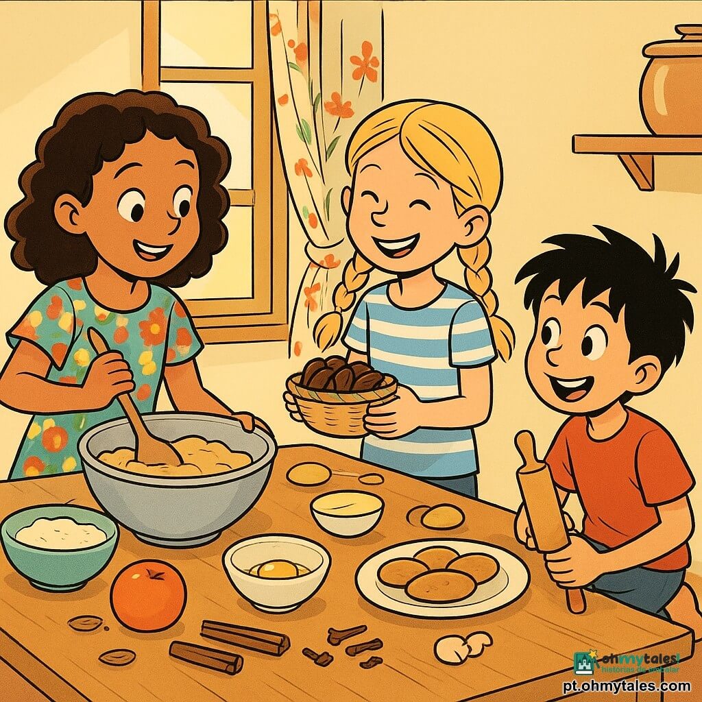 Há 3 personagens principais:

- Uma menina chamada Amina, de 8 anos, com cabelos castanhos encaracolados e olhos brilhantes, vestindo um vestido colorido. Ela está de pé perto da mesa, segurando uma colher de pau.
- Uma menina chamada Mara, de 7 anos, com cabelos loiros presos em duas tranças e um sorriso travesso, vestindo uma camiseta listrada. Ela está ao lado de Amina, segurando uma cestinha de tâmaras.
- Um menino chamado Sami, de 6 anos, com cabelos pretos bagunçados e olhos curiosos, vestindo uma camiseta vermelha. Ele está sentado no chão, brincando com um rolo de massa como se fosse uma varinha mágica.

O local é uma cozinha acolhedora e iluminada, com paredes de cor creme e cortinas com estampas florais. Uma grande mesa de madeira está no centro, coberta de tigelas, frutas e pãezinhos. Raios de sol atravessam a janela, iluminando o ambiente com uma luz dourada.

A situação principal mostra Amina, Mara e Sami preparando biscoitos juntos. Amina mistura a massa com entusiasmo, enquanto Mara e Sami adicionam ingredientes e riem. A atmosfera é alegre e cheia de cumplicidade, com ingredientes espalhados ao redor e um suave aroma de canela no ar.