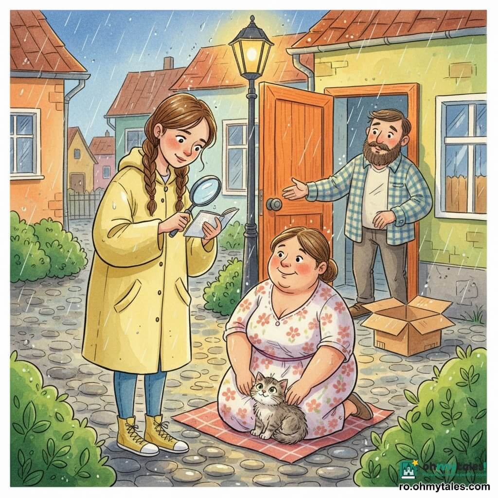 Aurora, fată de circa 12 ani, tânără detectivă cu păr brun împletit, palton galben lămâie prea mare, înclină capul ținând un carnet mic deschis și o lupă care prinde lumina; Zina, vecina adultă cu față rotundă și zâmbitoare în rochie cu flori, îngenunchează lângă o pătură unde pisicuța Mica se cuibărește, cu mâinile așezate blând pe animal; domnul Șerban, vecin barbă, cu cămașă în carouri și expresie ușurată, stă lângă o cutie de carton întredeschisă, puțin retras în spatele unei uși portocalii; pe o stradă de sat la amurg, case colorate (una portocalie), grădină plinuță cu tufe, pete de pământ umed, o alee pietruită și un stâlp de lumină caldă; situație principală: Aurora descoperă pisicuța Mica într-o cutie lângă casa portocalie — scenă tandră și liniștită, ploaie fină și picături strălucind pe frunze, priviri complice între personaje.