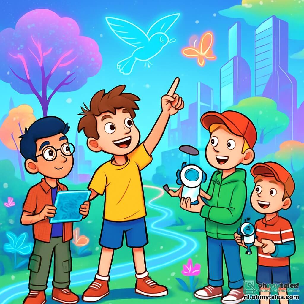 Er zijn 4 kinderen: Timo, een 11-jarig jongen met rommelig bruin haar en een ondeugende glimlach, draagt een felgele t-shirt en een blauwe short. Hij staat in het midden met zijn armen wijd open, vol energie. Malik, een 12-jarige jongen met ronde bril en zwart haar dat naar achteren is gekamd, draagt een geruit overhemd en cargo broek. Hij staat iets links van Timo met een holografische tablet in zijn hand. Jasper, een 11-jarige jongen met blond haar en een rode pet, draagt een groene hoodie en jeans. Hij staat rechts van Timo en laat een klein robotje dansen op zijn hand. Hugo, een 10-jarige jongen met kastanjebruin haar en sproeten, draagt een gestreept t-shirt en een short. Hij staat iets verder naar achteren met grote ogen, terwijl hij het landschap bewondert. De locatie is een futuristisch park in Neonstad, met lichtgevende bomen en kleurrijke hologramdieren. De kinderen verkennen de stad, Timo wijst naar een hologramvogel, Malik leert meer via zijn tablet, Jasper laat zijn robot dansen, en Hugo kijkt met een verwonderde glimlach.