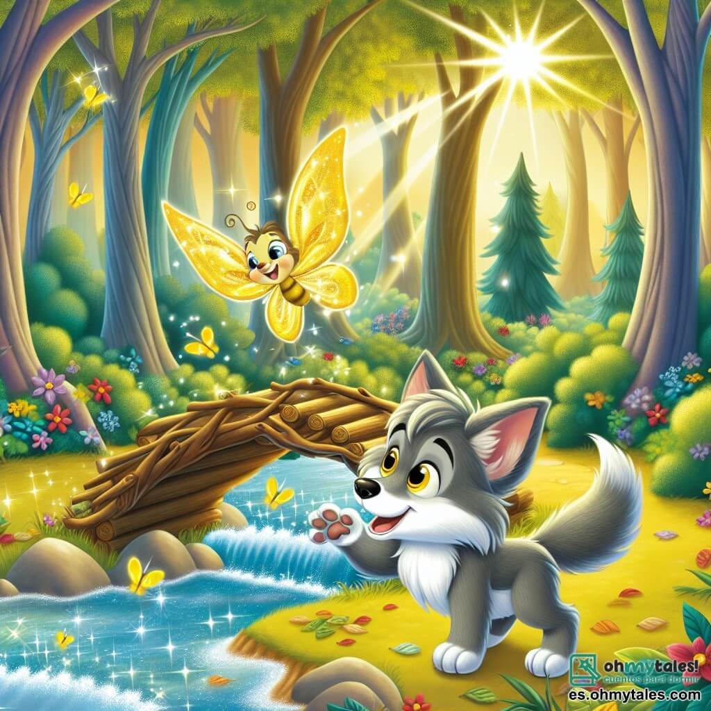 Un lobo llamado Lúcio se encuentra en el centro de la escena, con un pelaje suave y gris que brilla bajo el sol, sus ojos amarillos destilan emoción y curiosidad. Sonríe ampliamente, con sus grandes orejas erguidas, mientras construye un puente de ramas y hojas con determinación. A su lado, una pequeña mariposa dorada con alas brillantes vuela alegremente, animando a Lúcio en su tarea. El escenario es un hermoso claro del bosque encantado, bañado en luz dorada, rodeado de árboles majestuosos y flores coloridas que parecen bailar al viento. El suelo está cubierto de hojas brillantes y pétalos multicolores, creando una atmósfera mágica y alegre. Lúcio y la Mariposa Dorada trabajan juntos para construir un puente, simbolizando su amistad y espíritu aventurero, listos para cruzar un gran arroyo que brilla a la luz del sol.